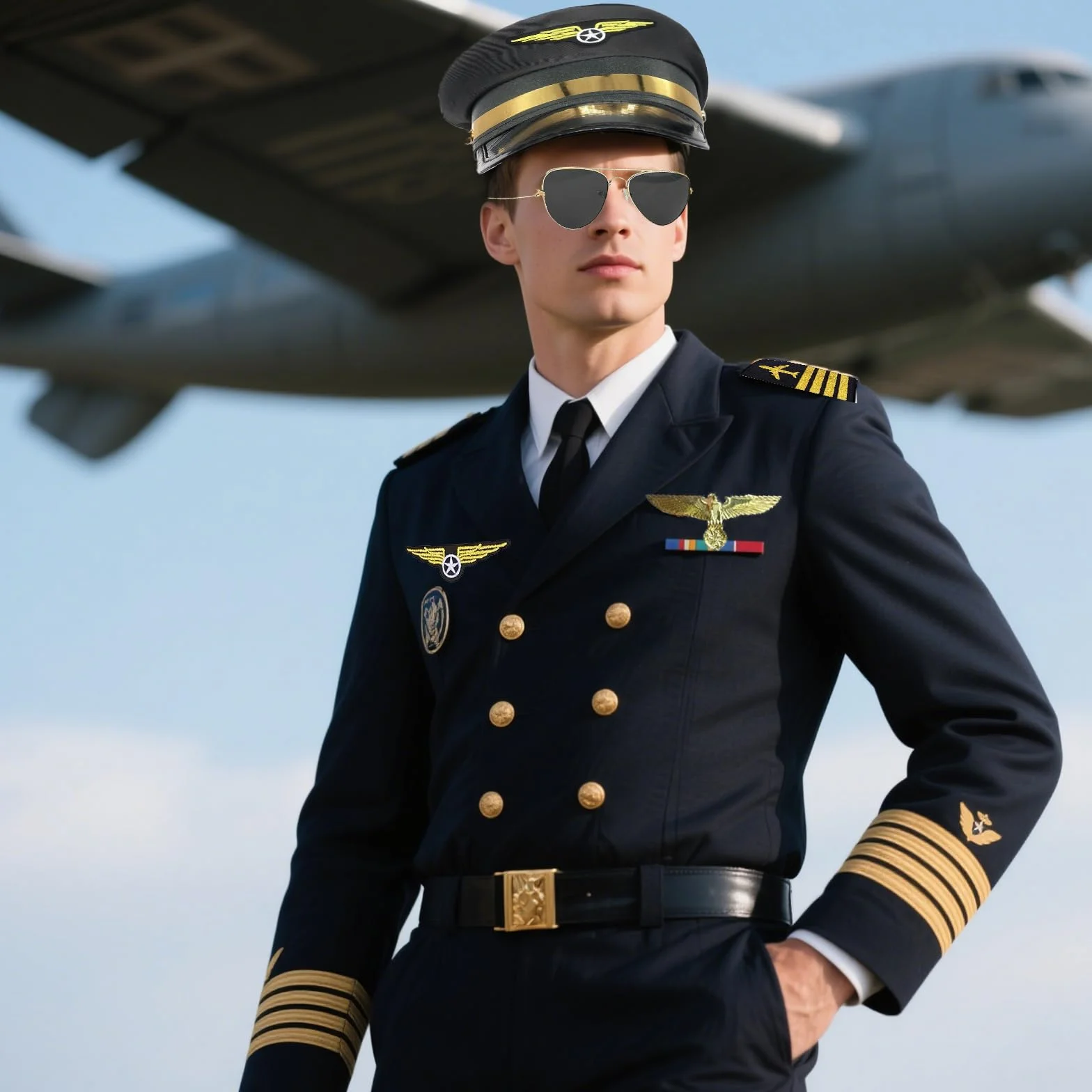 Kostium pilota, kostium kapitana, akcesoria do kostiumu, zestaw pilotów, kapitan, karnawał, pagony, paski, kapelusz pilotka, dla dorosłych i mężczyzn, na imprezę (czarny)