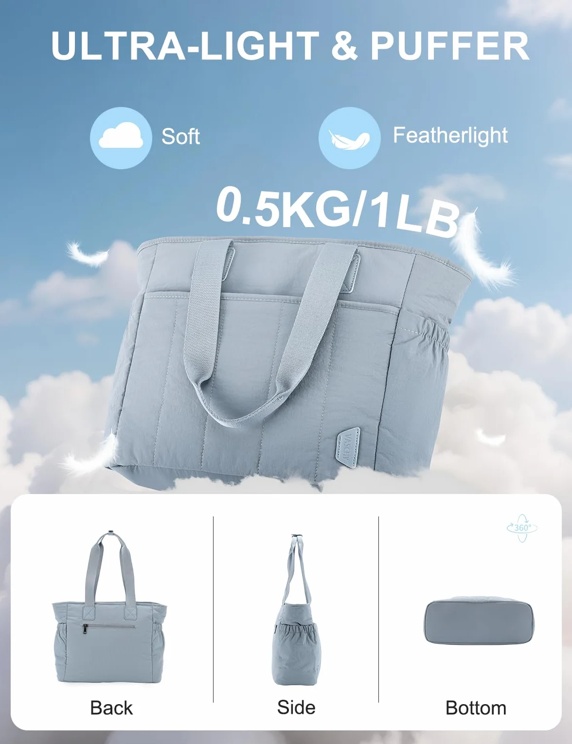 VASCHY Puffer Tote Bag dla kobiet, pikowana torba na ramię z kieszenią na ramię