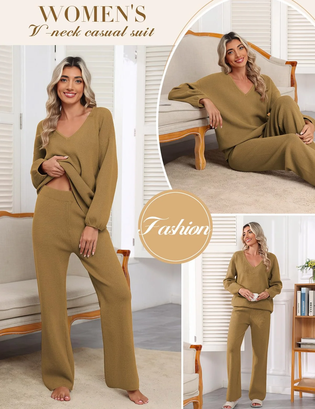 Dwuczęściowy damski elegancki strój domowy, przytulny, z długim rękawem, luźny dres treningowy, zestaw wypoczynkowy, prążkowany, dekolt w serek, 2-częściowy strój rekreacyjny z swetrem z