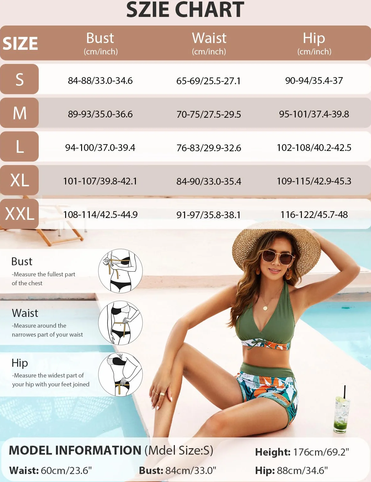 Tuopuda Damskie dwuczęściowe zestawy bikini z głębokim dekoltem w serek, strój kąpielowy z wysokim stanem, kontrola brzucha, top z szortami, kostium kąpielowy