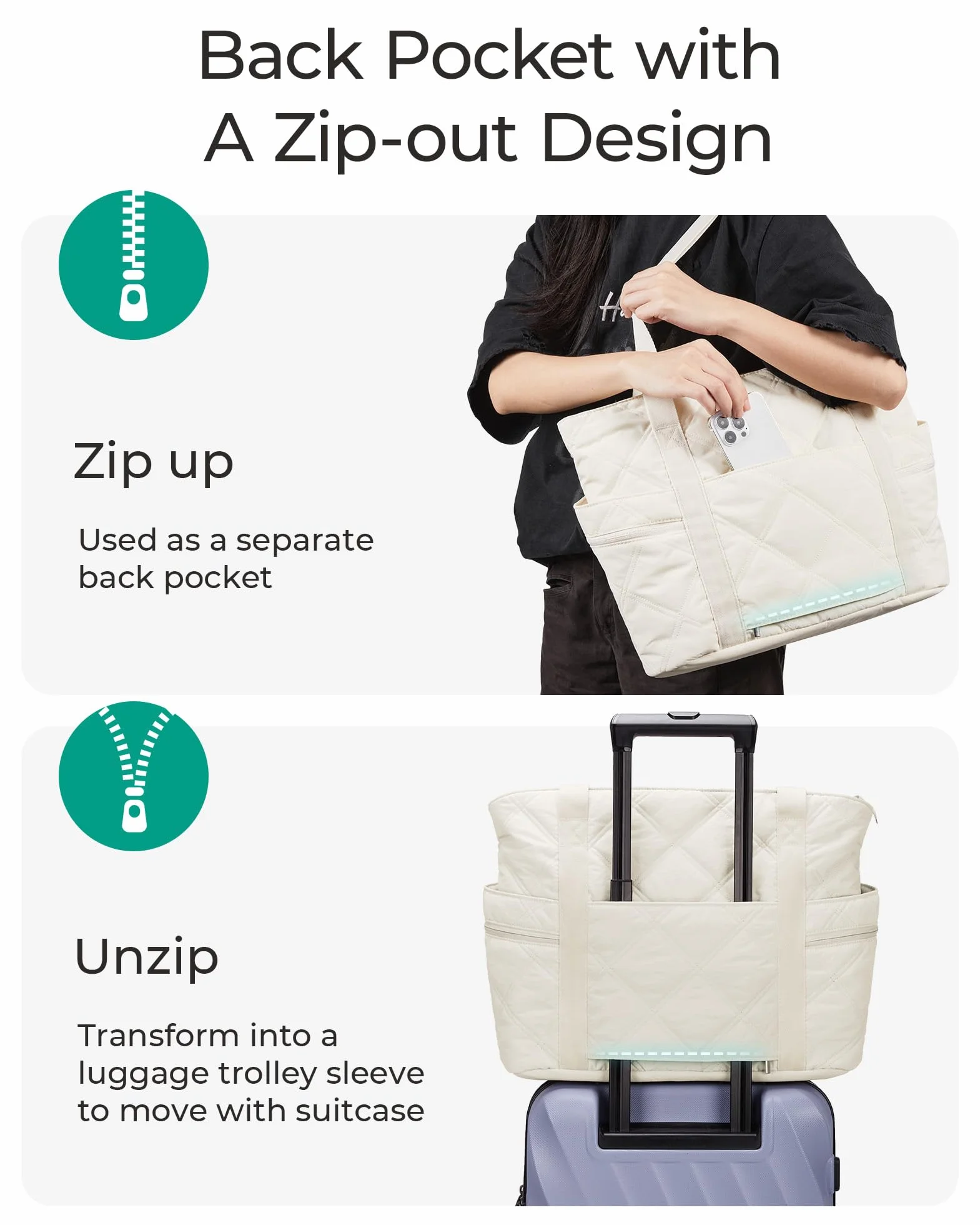 bagsmart Torebka damska, duża, 24 l, wodoszczelna, puchowa, damska torba na zakupy, torba sportowa z zamkiem błyskawicznym, do podróży, fitnessu