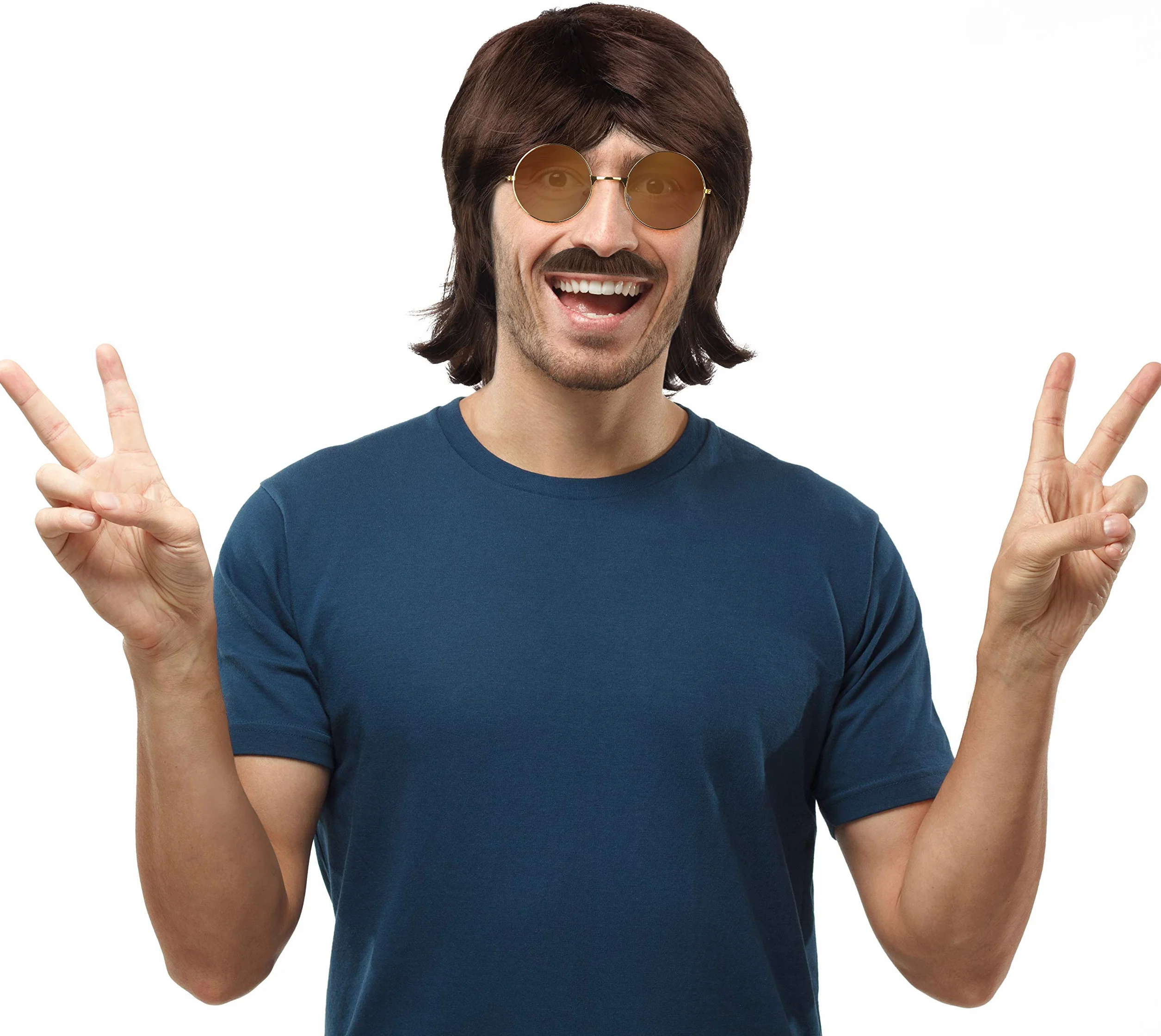 ZESTAW z krótk peruk mullet z lat 80/90 w kolorze brzowym + okulary + wsy