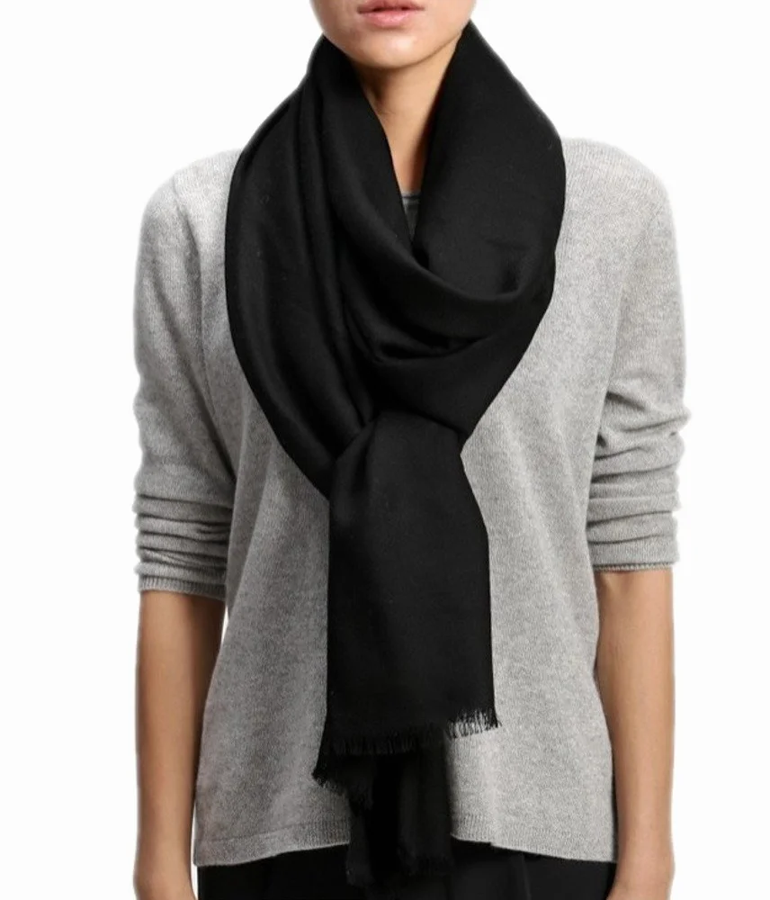 Damski bardzo duży szal XXL Pashmina ze 100% wełny ciepły ręcznik na ramię na zimę, czarny, 200 cm X 70 cm