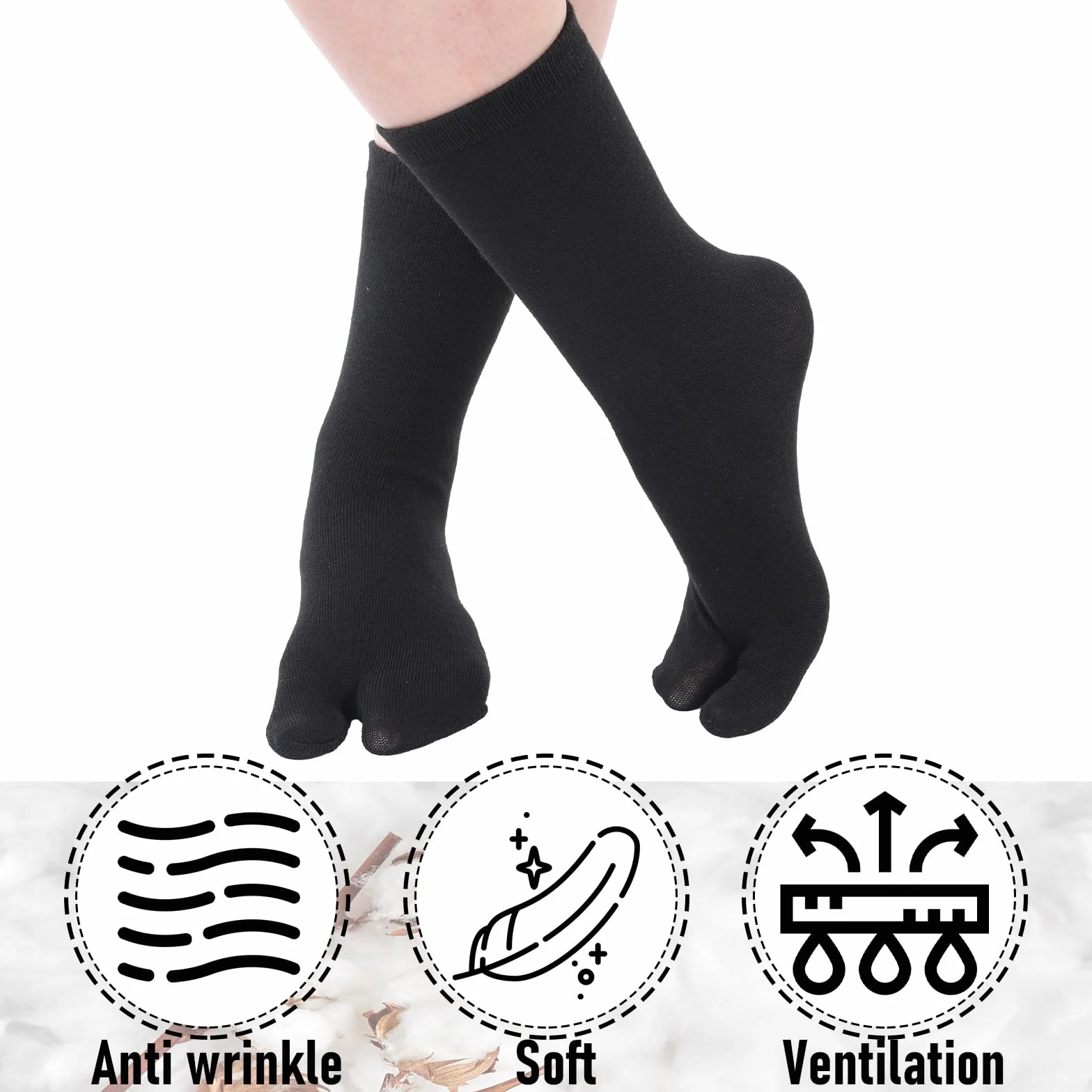 TIESOME 4 pary skarpet Tabi z rozciętymi palcami dla mężczyzn i kobiet Low-Cut Stretch Comfort Crew Skarpety, Czarny, 5-9