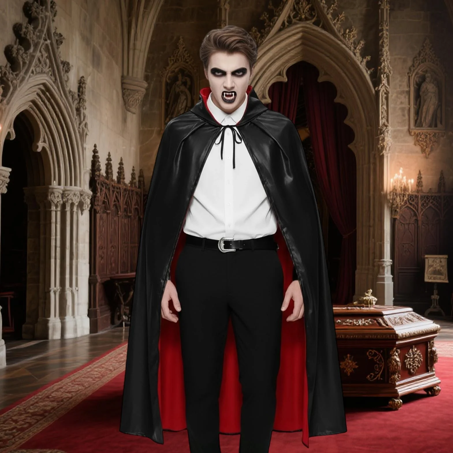 Peleryny wampirów na Halloween, dla dorosłych, płaszcz wampira, dla kobiet, mężczyzn, unisex, odwracalna bluza z kapturem z wampirami, sztuczne zęby, kostiumy czarownicy na Halloween, fantazyjny