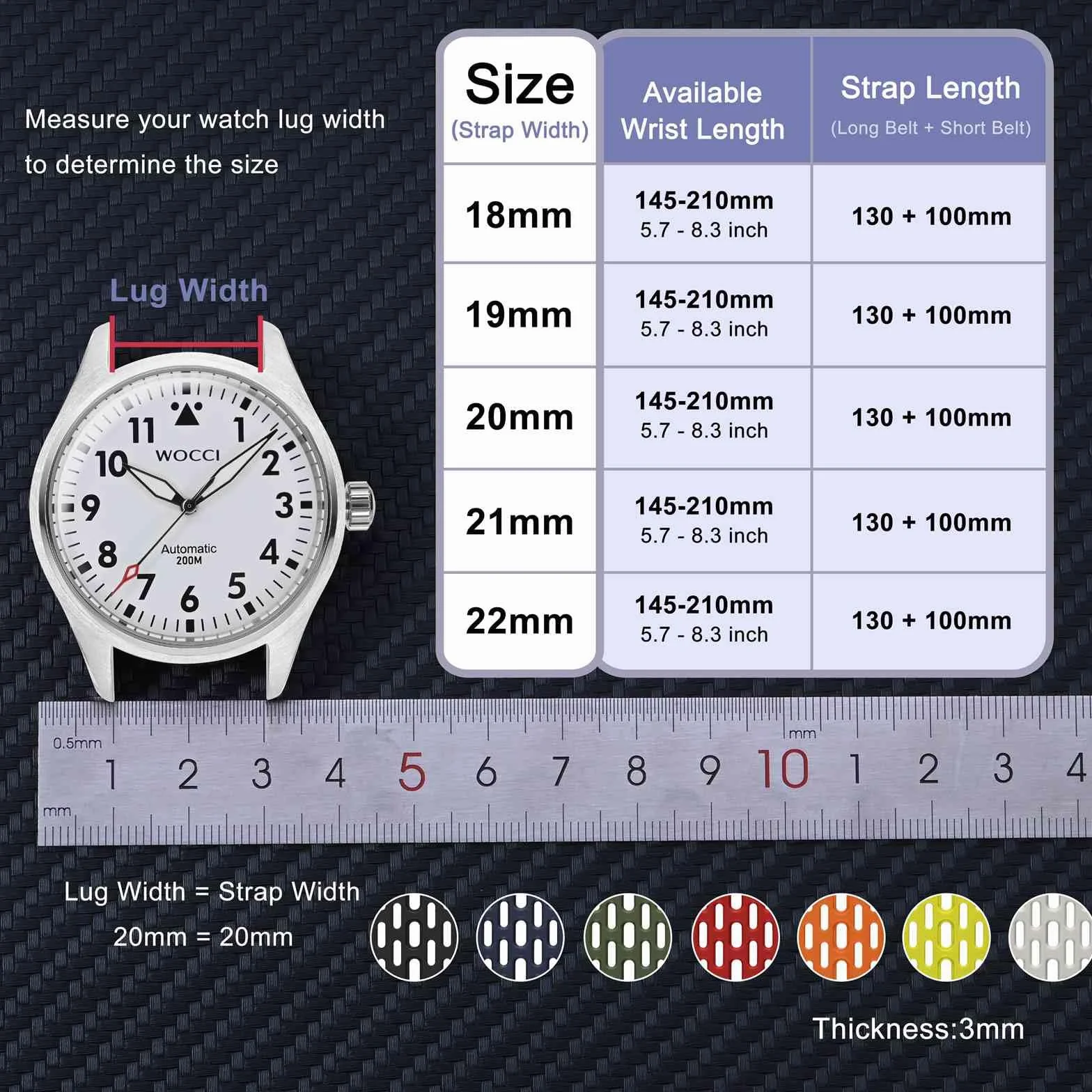 WOCCI Oddychający pusty silikonowy pasek do zegarka, wygodne paski do zegarków dla mężczyzn i kobiet, szybkie uwalnianie, 18 mm 19 mm 20 mm 21 mm 22 mm