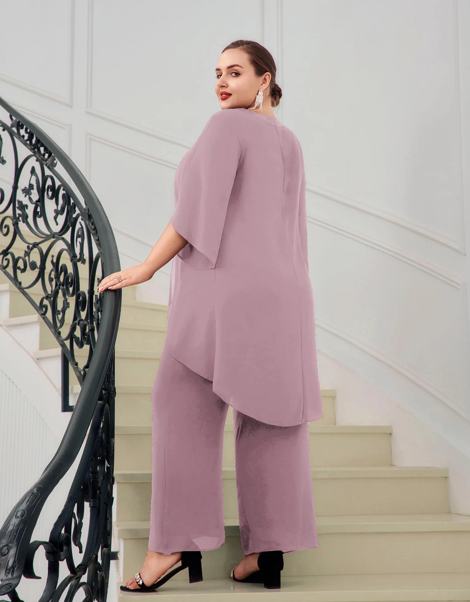 Hanna Nikole Damskie garnitury do spodni plus size stroje dla matki panny młodej, szyfon, 2 sztuki, formalny zestaw dla gości weselnych, strój festiwalowy, eleganckie stroje, cekiny, okrągły dekolt i
