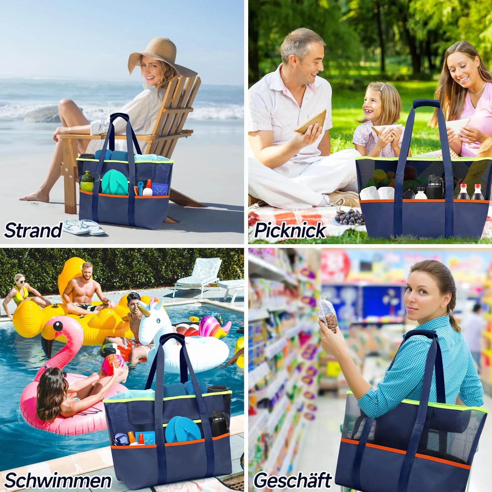 Torba plażowa XXL, torba plażowa z zamkiem błyskawicznym, torba na zakupy, damska duża torba łazienkowa, na podróż, zakupy i na co dzień, niebieski, l
