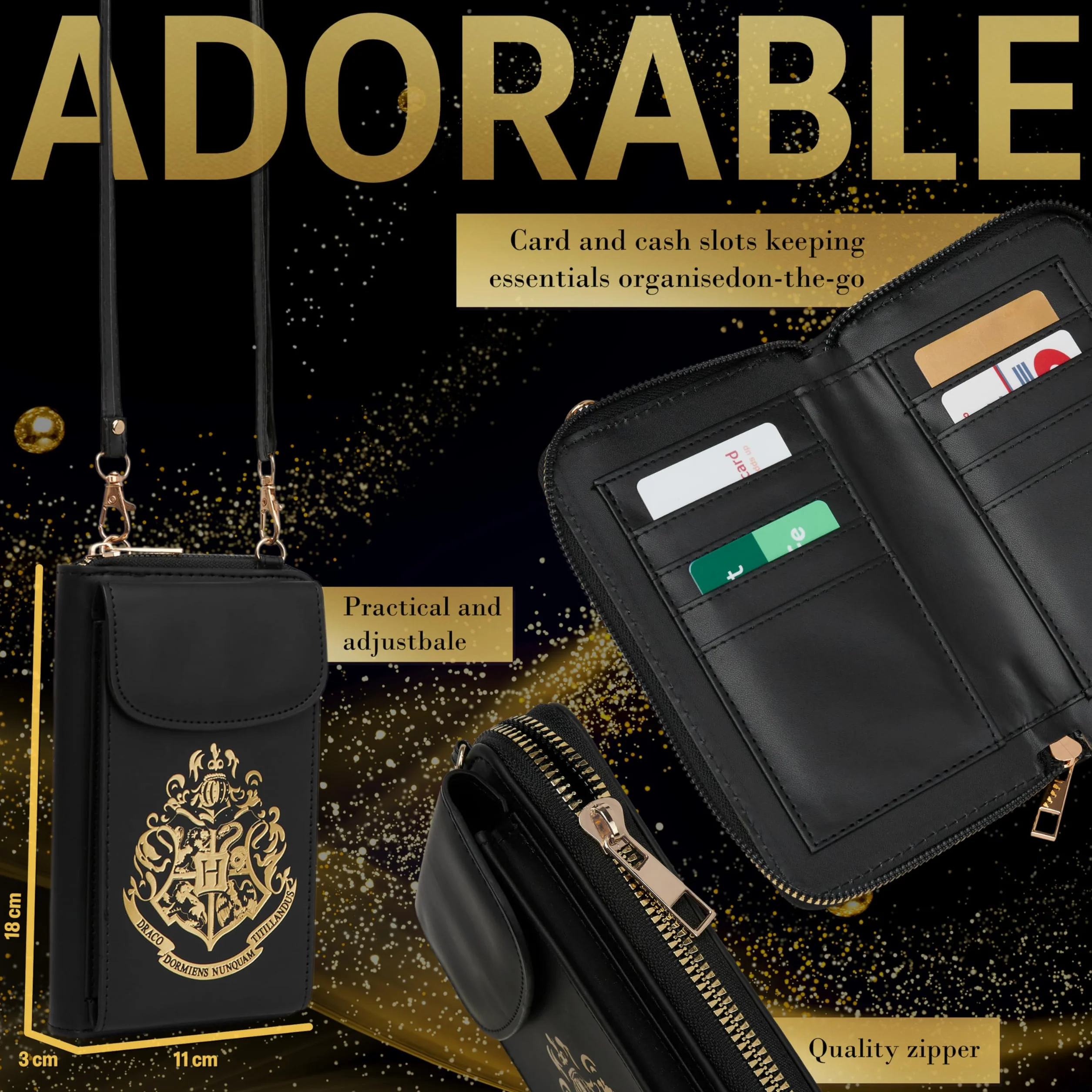 Harry Potter Torba na telefon crossbody dla dziewcząt, nastolatków, z przegródkami na karty, przegródka na zamek błyskawiczny, regulowany pasek, mała torebka na podróż, prezent dla dziewcząt