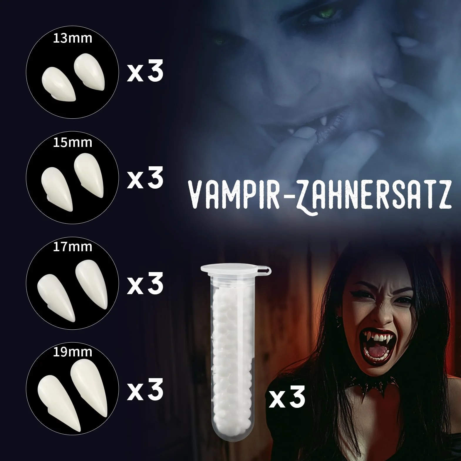 12 par zębów wampirów na Halloween, 4 rozmiary, wampiry, cosplay, pellet, klej do cosplay, rekwizyty, Halloween, demony, czarownica