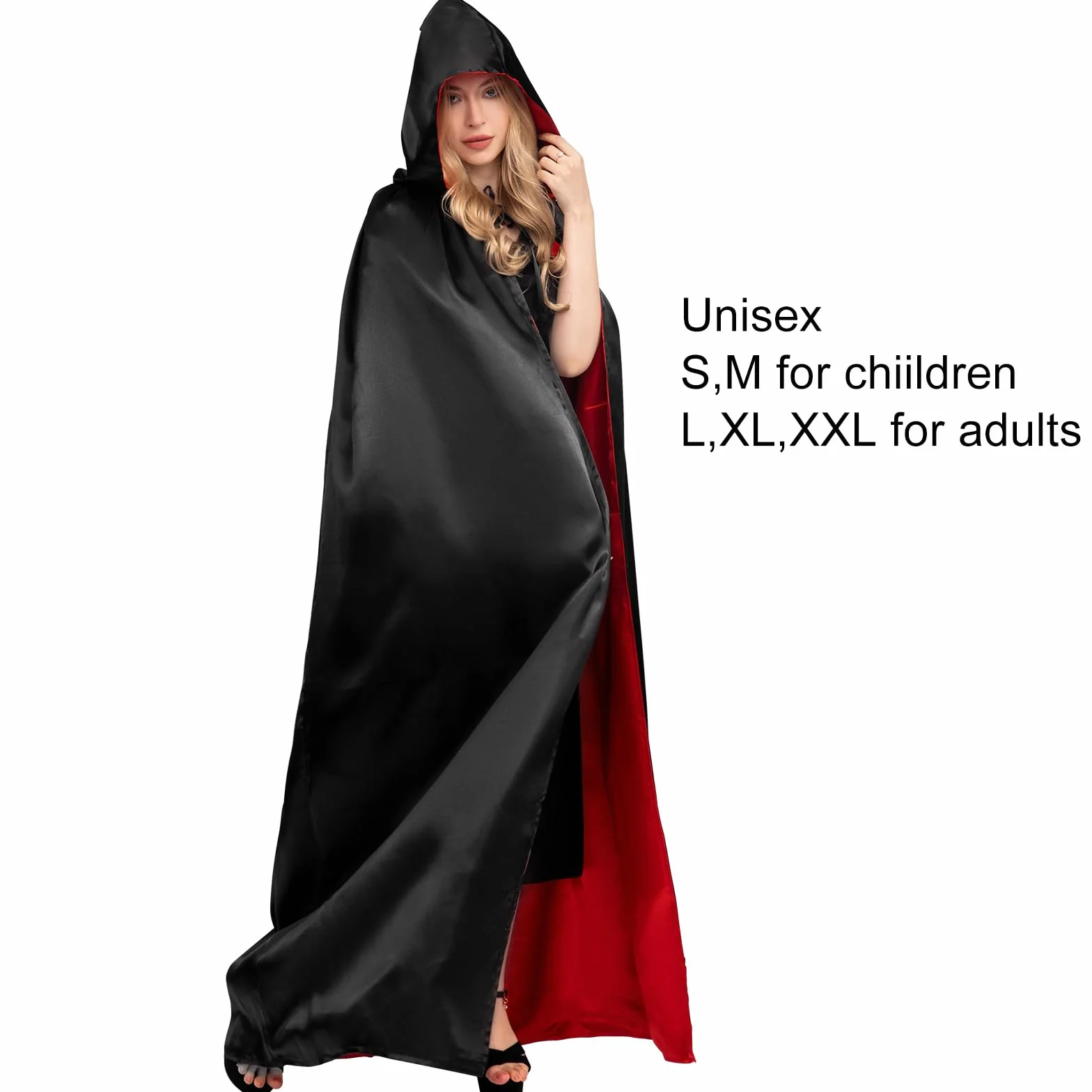 Myir JUN Czarno-czerwona peleryna dla dorosłych dzieci, uniseks, płaszcz z kapturem, kostium na Halloween, satyna, czarownice, wampiry, płaszcz, fantazyjne przebranie dla dzieci (L)