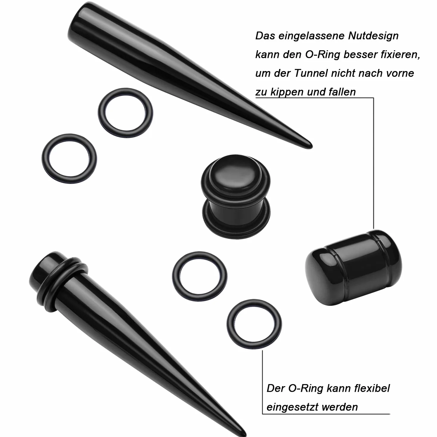 Huacan 50-częściowy zestaw do rozciągania uszu – rozciągacze do uszu stożki 1,6 mm – 10 mm + tunele silikonowe 3–12 mm