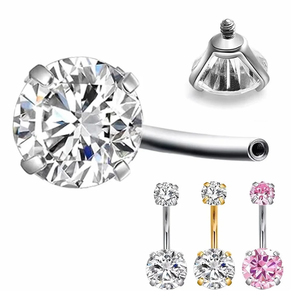 Kolczyk do pępka, 3 sztuki, zestaw kolczyków do pępka, banan, kolczyk do pępka z cyrkoniami, okrągły 8 mm + 5 mm, długość 10 mm, piercing do pępka, biżuteria do ciała - srebrny, złoty, różowy