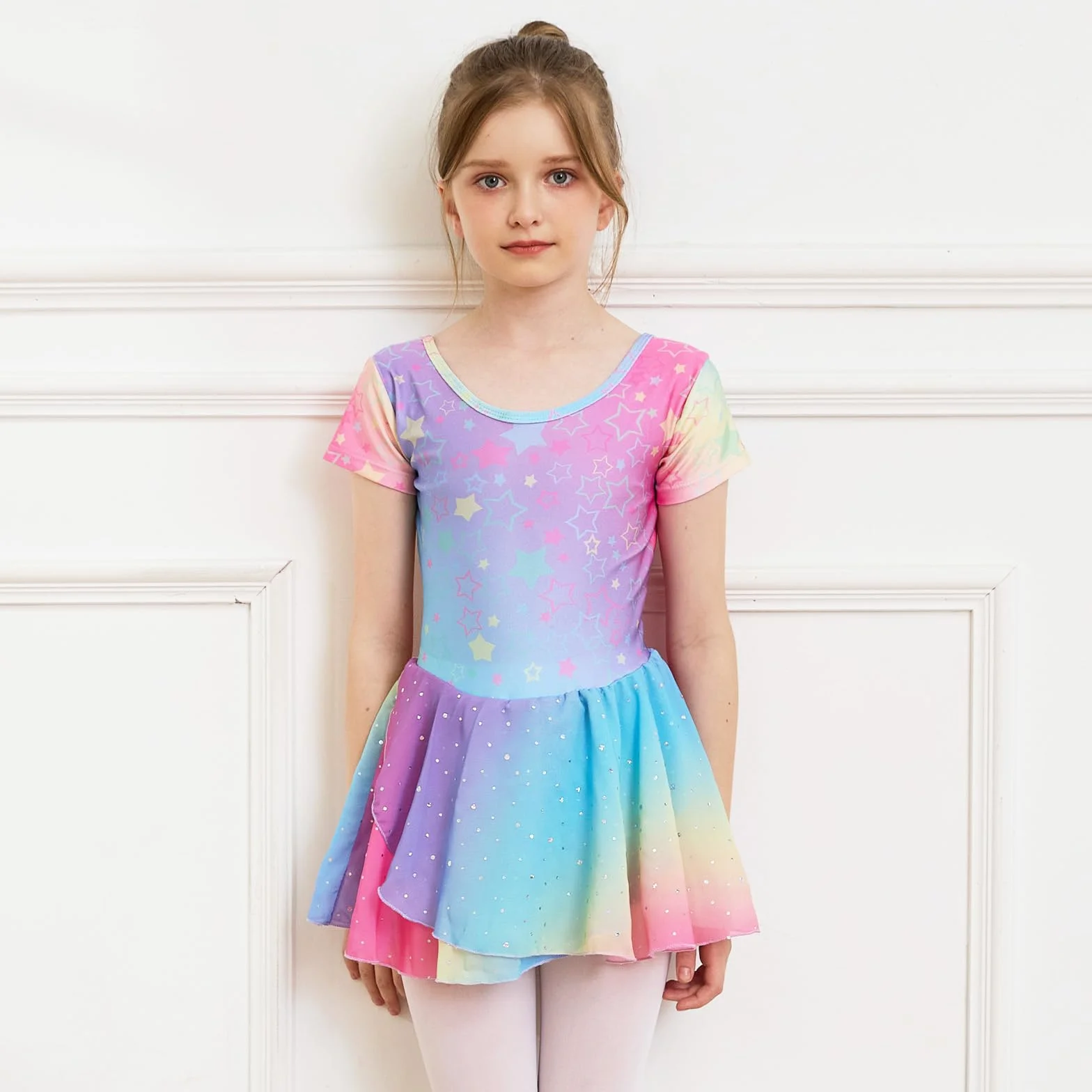 Dziewczęca sukienka baletowa z krótkim rękawem baletowa Leotard sukienka do tańca Tutu Body Gimnastyka ze spódnicą Shinny Szyfonowa