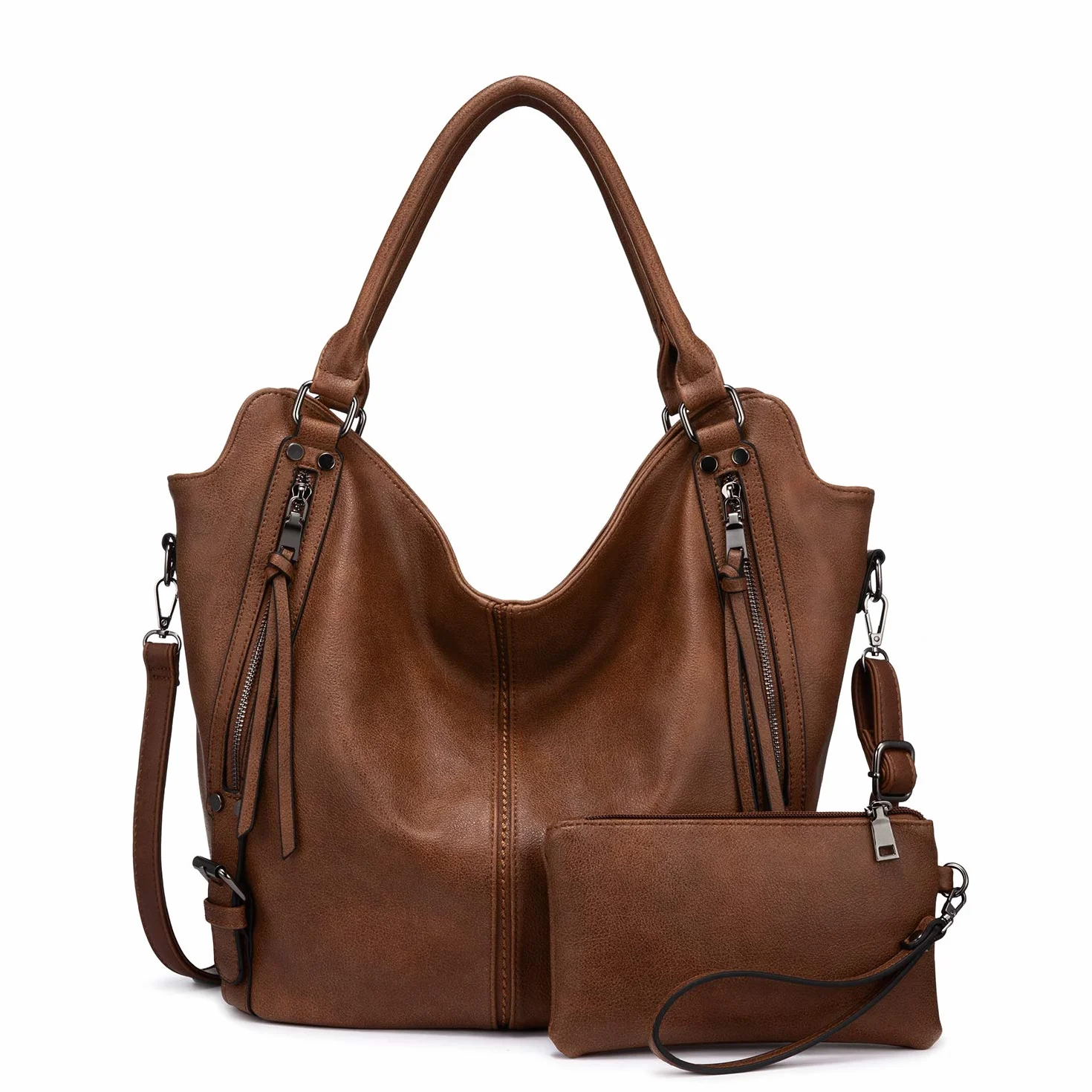 Realer Torba damska, duża, skórzana, typu shopper, na ramię, torba typu hobo w zestawie z portfelem, dla pań, do biura, szkoły, na zakupy i na podróż, zestaw 2-częściowy