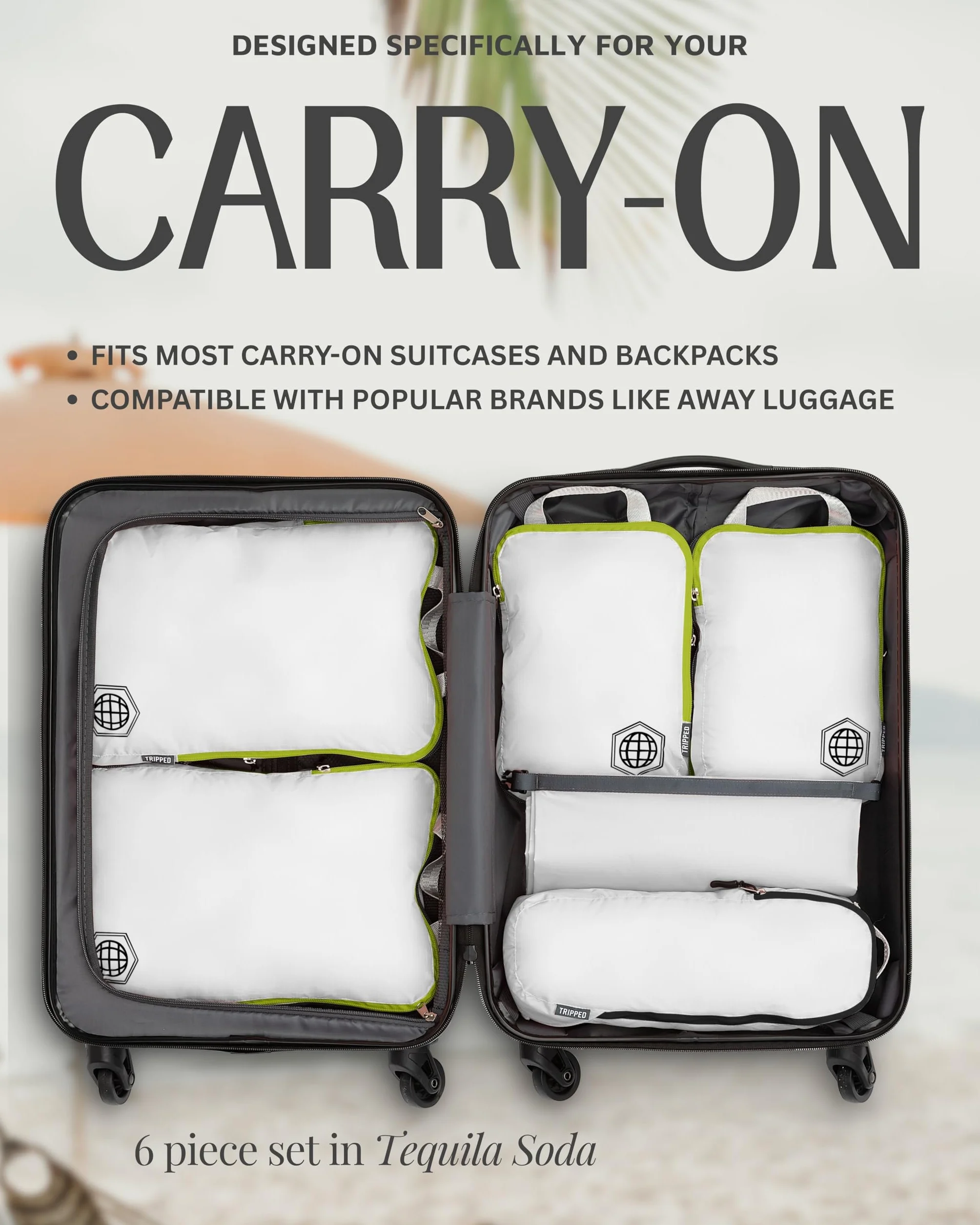 TRIPPED Travel Gear 6-częściowy zestaw kompresyjnych kostek do pakowania Carryon Travel, lekkie torby bagażowe z podwójnym zamkiem błyskawicznym (białe i zielone)