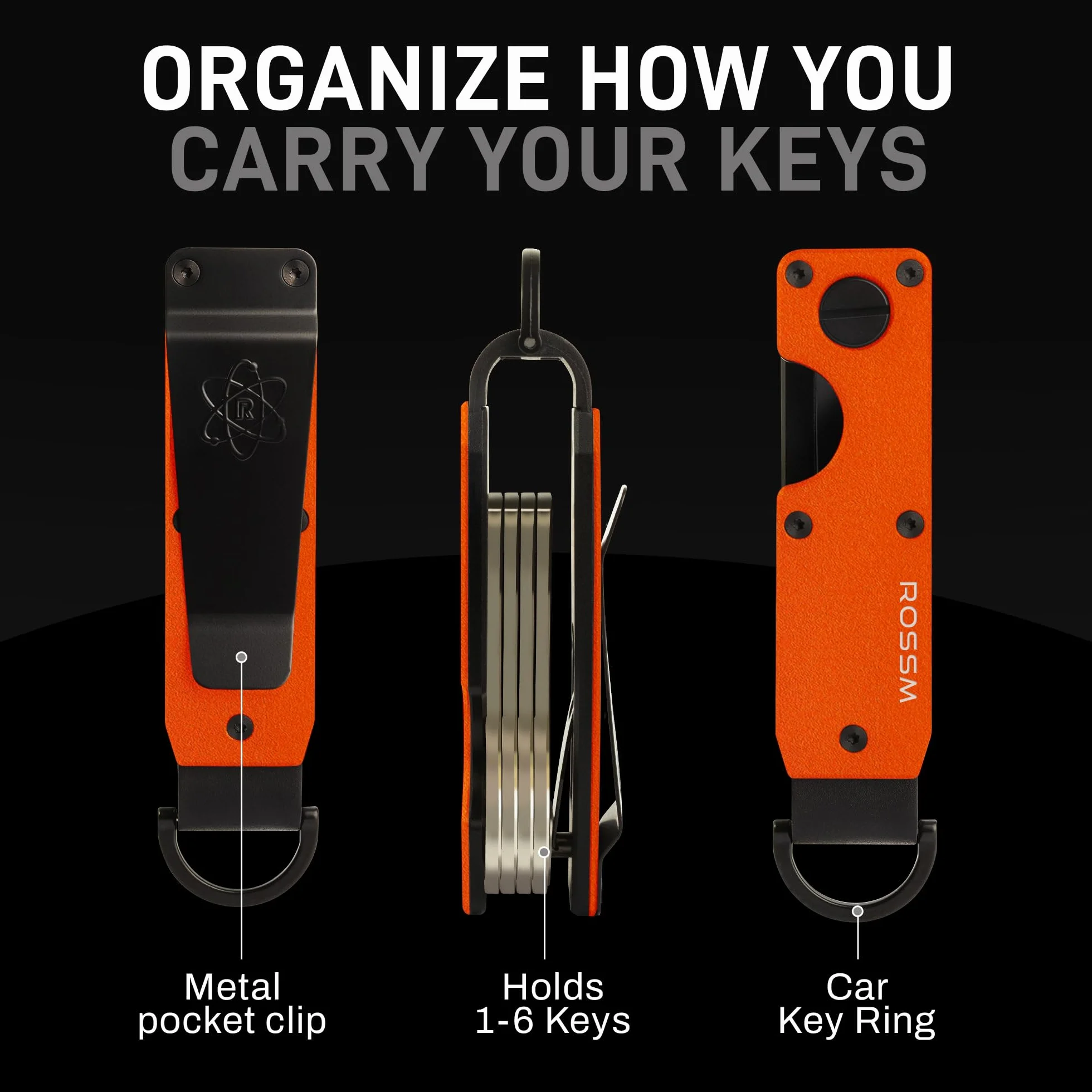 ROSSM Organizer na klucze, kompaktowy metalowy uchwyt na klucze, minimalistyczny, innowacyjny brelok, mini etui na klucze, które chroni do 6 kluczy, Matowy pomarańczowy