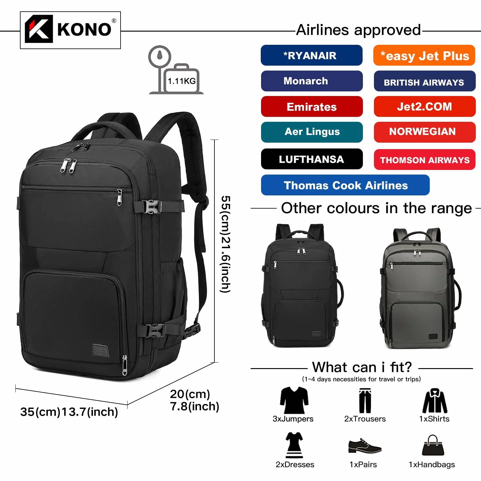 Kono Torba kabinowa 55 x 35 x 20 cm bagaż podręczny plecak podróżny torba na ramię 38 l bagaż podręczny