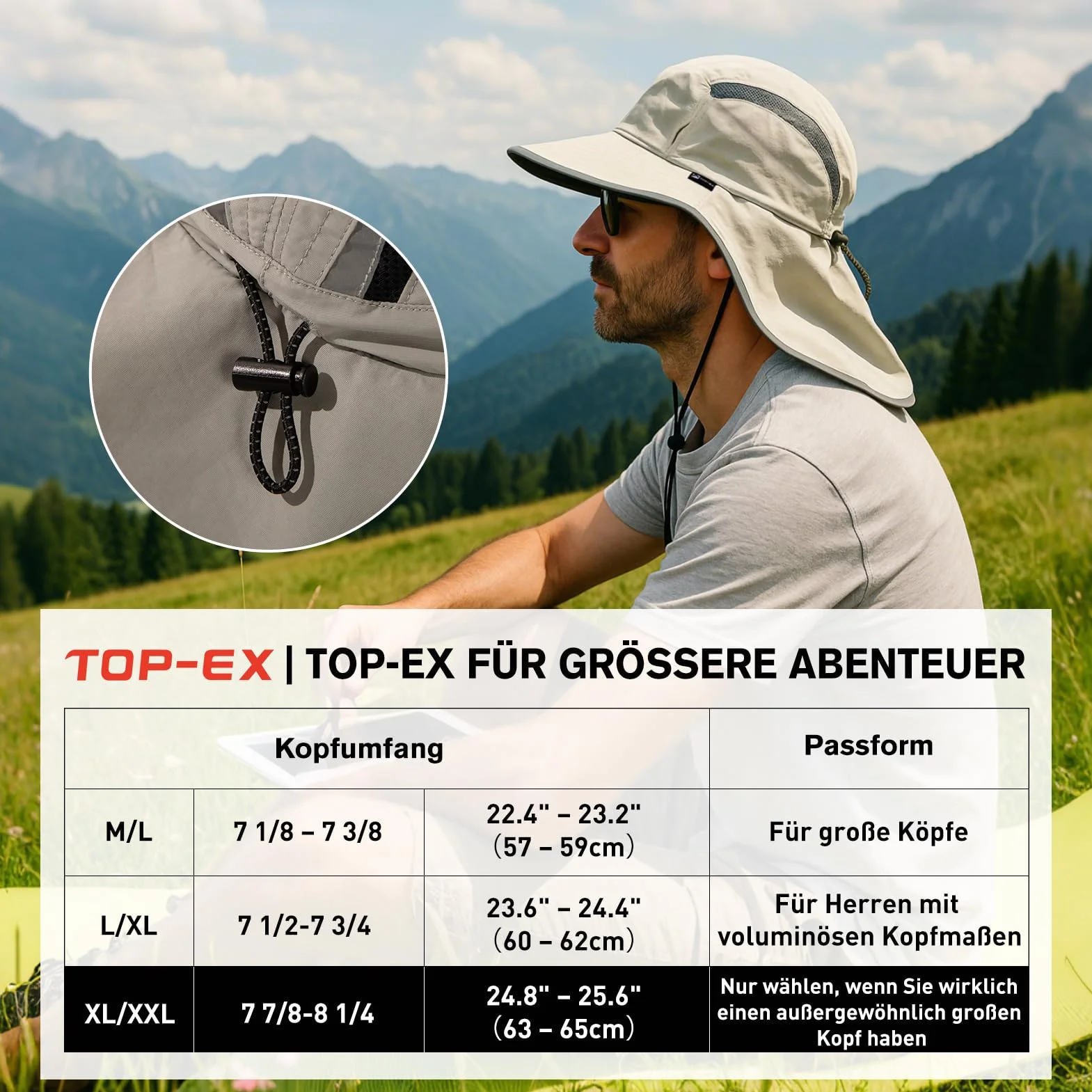 TOP-EX XL/XXL unisex kapelusz przeciwsłoneczny, z szerokim rondem, z ochroną karku, uchwyt na okulary przeciwsłoneczne, outdoorowy, safari, kapelusz letni, wodoszczelny i składany