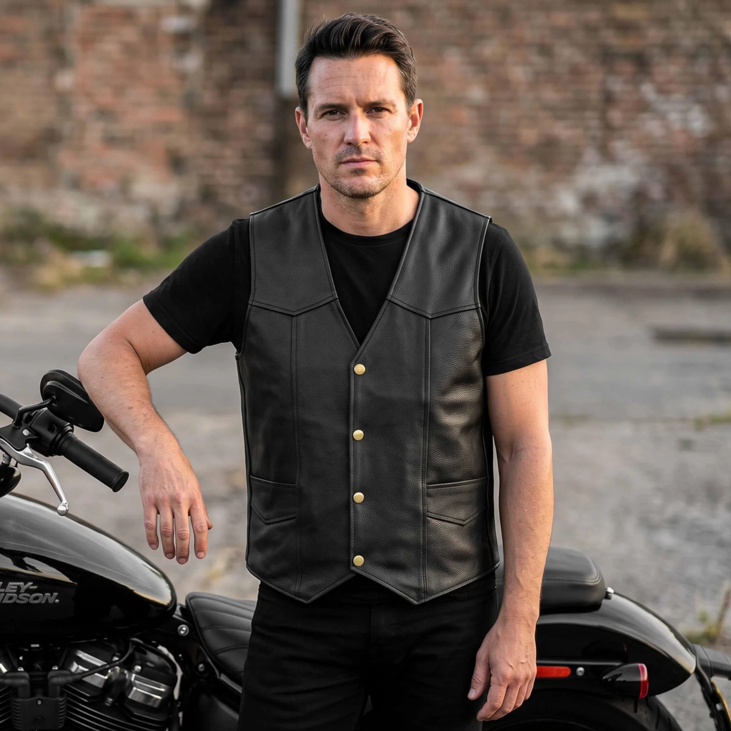 Leatherick Męska klasyczna kamizelka ze skóry bydlęcej dla motocyklistów i motocyklistów, moda i czas wolny, czarna