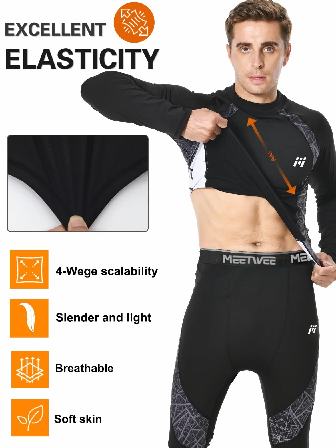 Bielizna termiczna Mężczyźni Bielizna Termiczna Zestaw Wiatroszczelna Funkcjonalna Podstawa Warstwa Oddychająca Termiczna Mesh & Spodnie Zimowe Sportowe Narciarstwo Bieganie