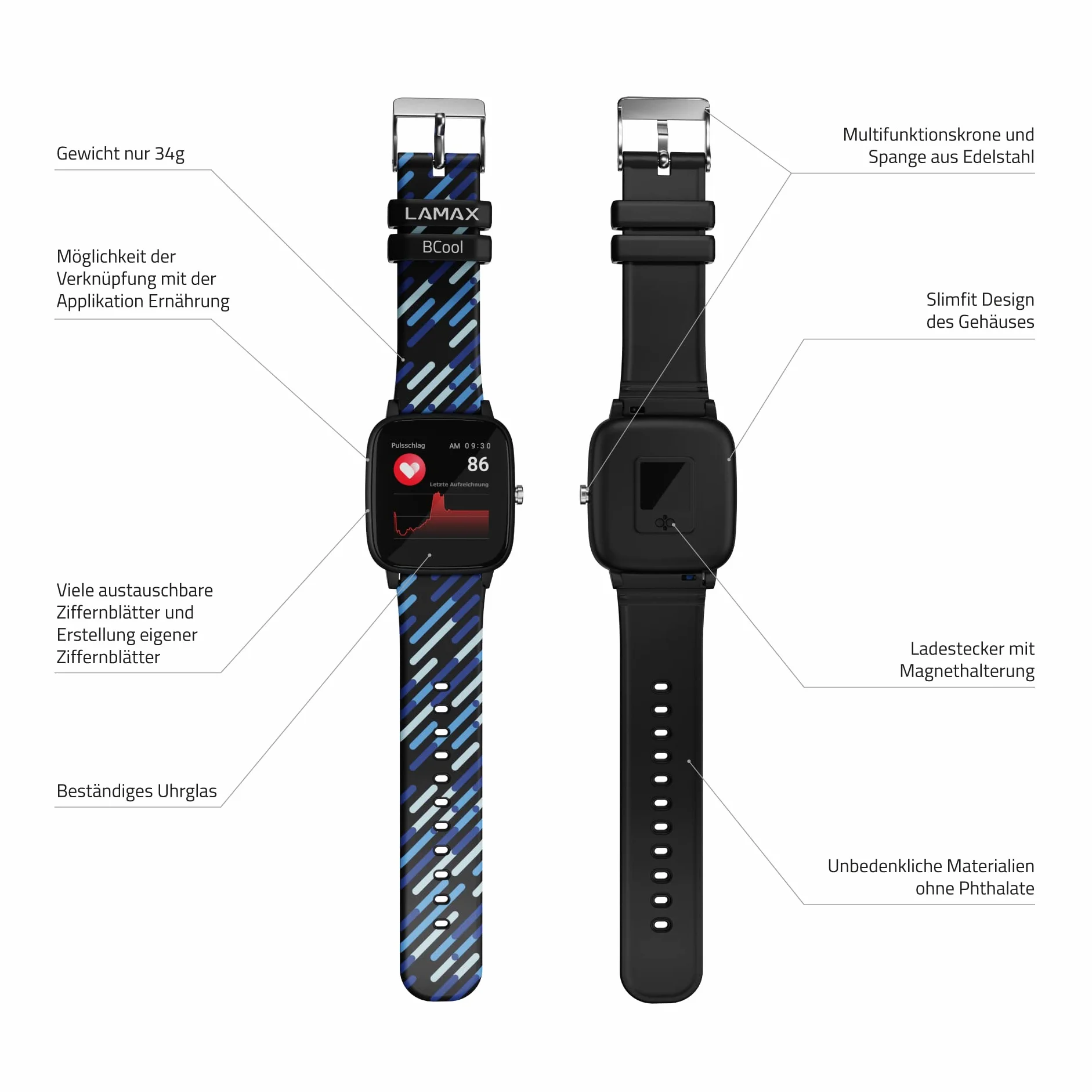Lamax BCool dziecięcy smartwatch, zegarek dla dzieci, język włoski, czas trwania do 7 dni, krokomierz, pomiar tętna, analiza snu, IP68, 4 gry, dwa paski (czarny)