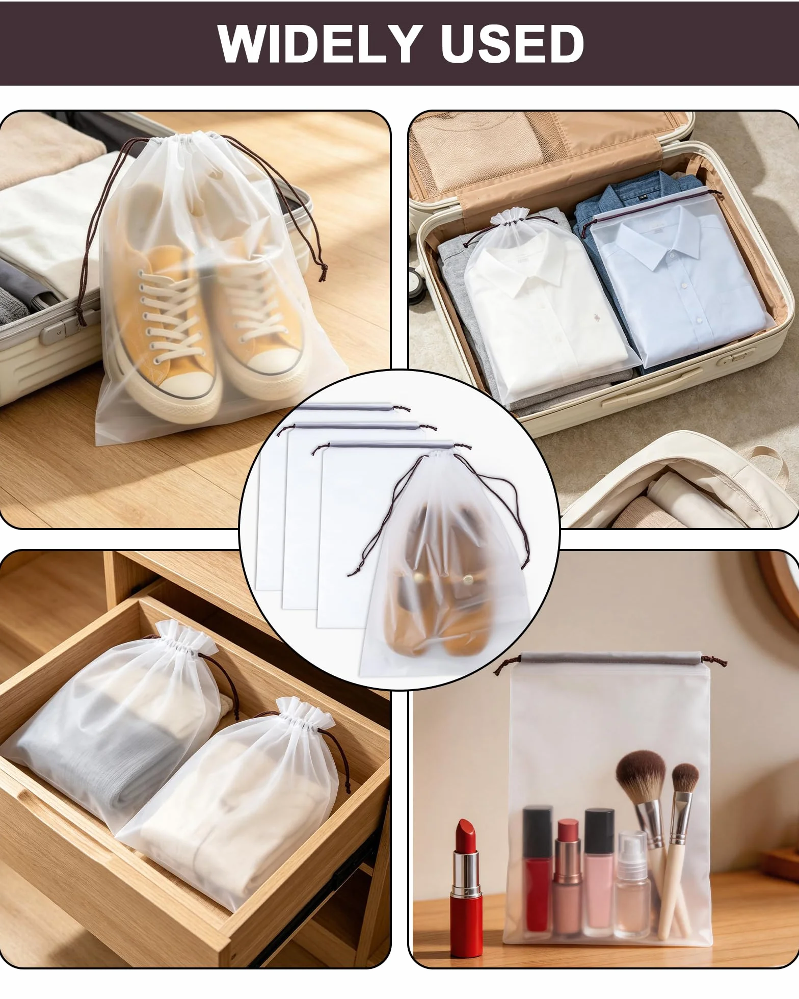 Worki na Buty do Podróży, 8 Sztuk Organizer do Butów do Walizki Wodoodporny ze Ściągaczem, 30x40cm Przezroczyste Woreczki na Buty, Dom i Siłownia, z 1 Etykietami