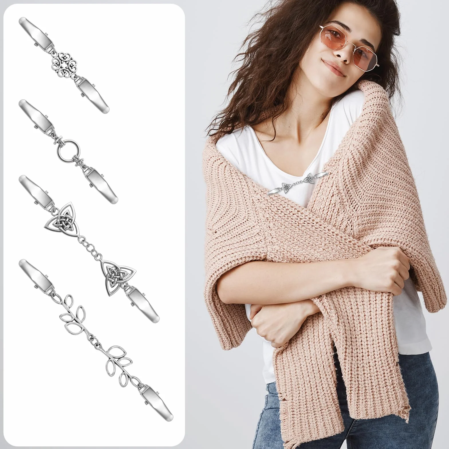 JJUNW 4 sztuki klipsów do kardiganu w stylu vintage, metalowe broszki, srebrne bluzki i sukienki, retro, eleganckie zapięcie