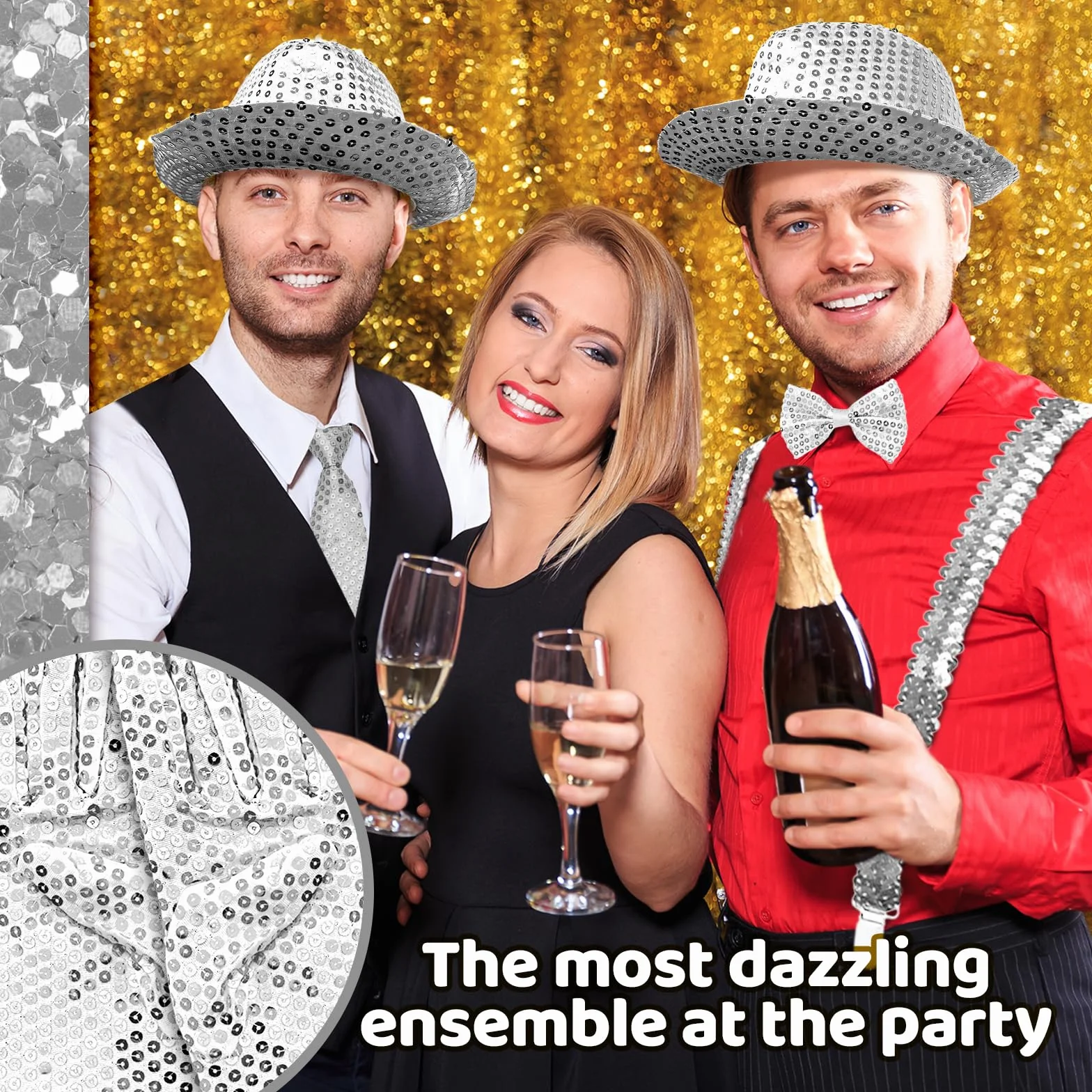 Zestaw brokatowych akcesoriów do dyskoteki, 5 sztuk, w tym kapelusz z cekinami, szelki, muszka, krawat, rękawiczki, cekinowe akcesoria na imprezę lub karnawał (srebrny)