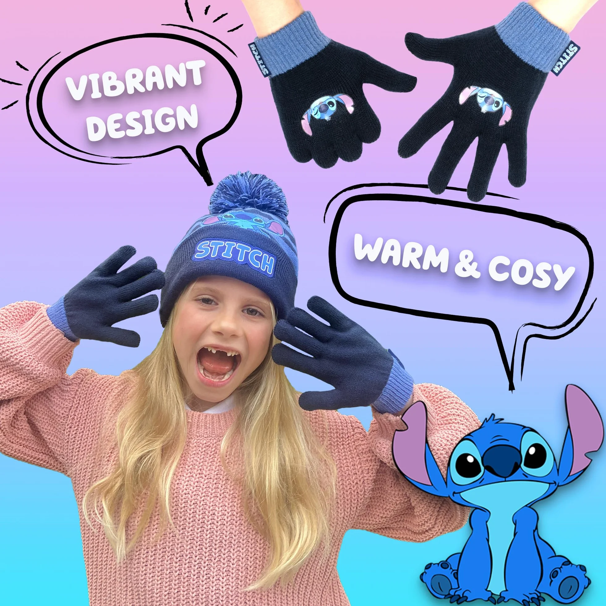 Disney - Stitch Winter Hat & Gloves Set for Girls - Warm & Comfy Kids Accessories - Gift Set for Girls - Purple, Fioletowy, rozmiar uniwersalny