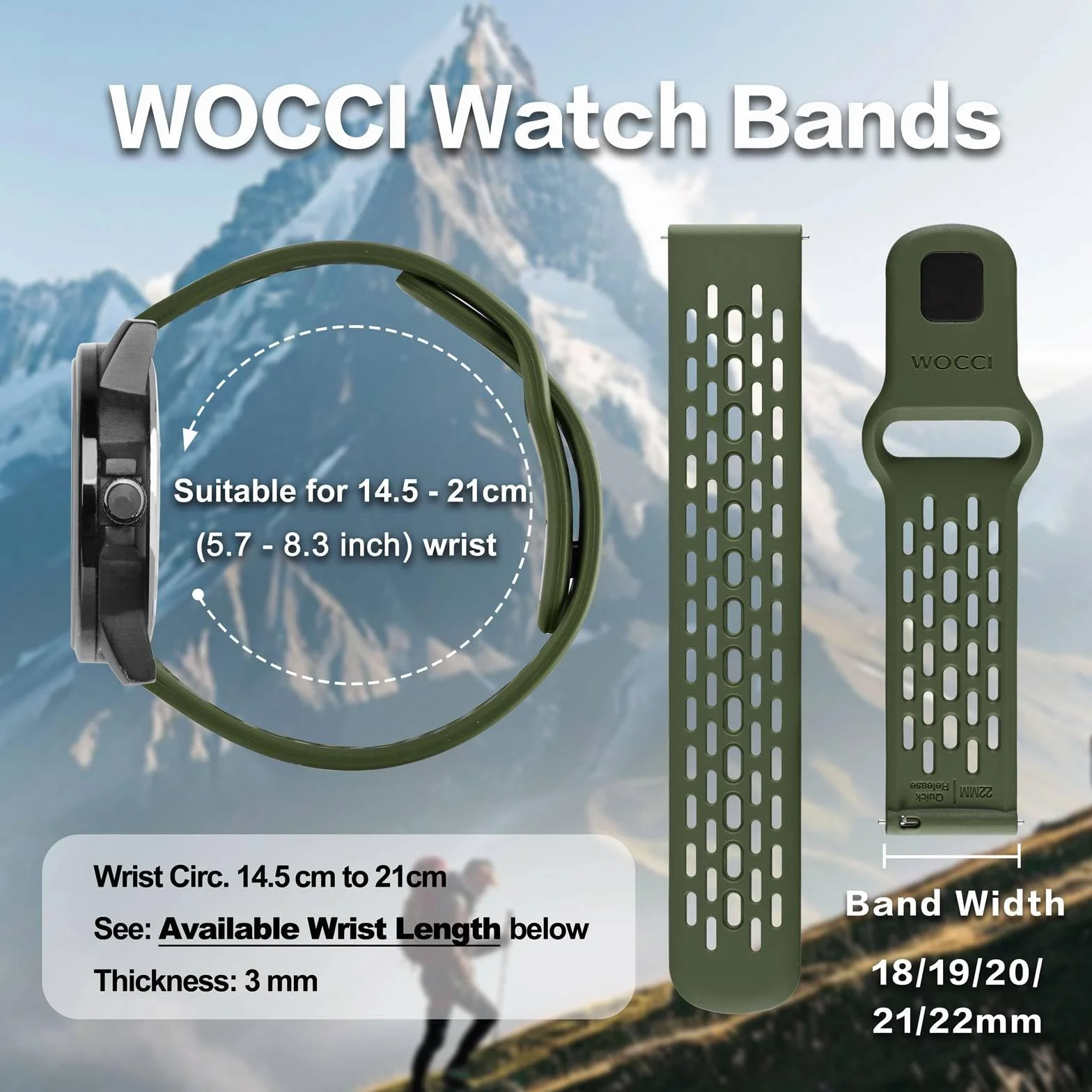 WOCCI Oddychający pusty silikonowy pasek do zegarka, wygodne paski do zegarków dla mężczyzn i kobiet, szybkie uwalnianie, 18 mm 19 mm 20 mm 21 mm 22 mm