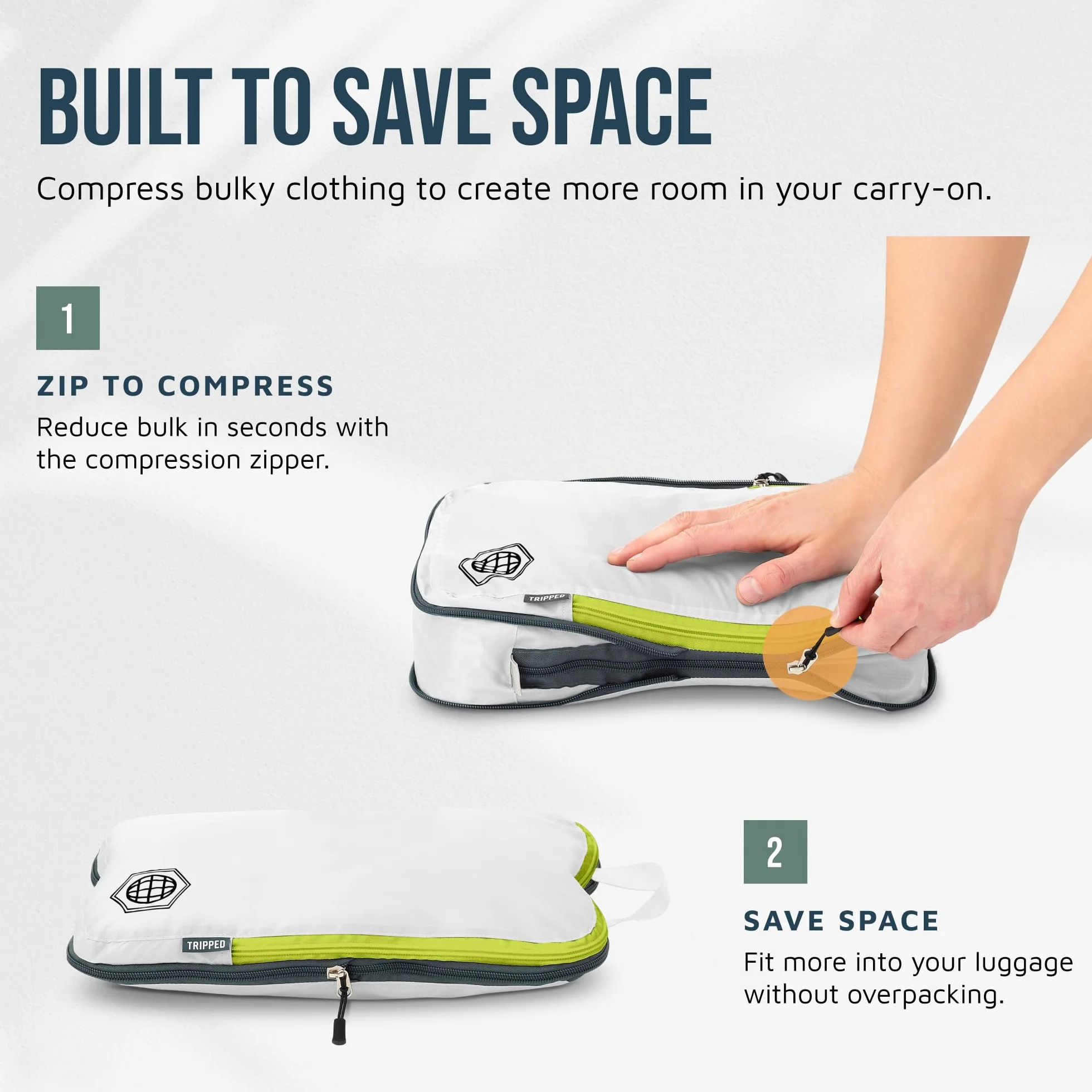 TRIPPED Travel Gear 6-częściowy zestaw kompresyjnych kostek do pakowania Carryon Travel, lekkie torby bagażowe z podwójnym zamkiem błyskawicznym (białe i zielone)