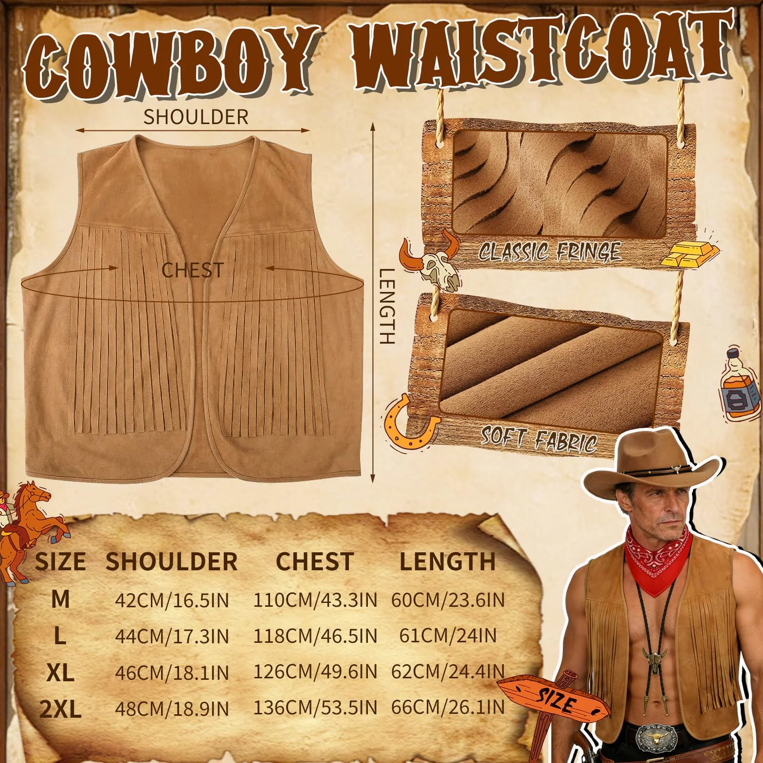 5-częściowy zestaw kostiumu kowbojskiego westernu, kostium kowbojski, fantazyjna sukienka z kamizelką, kapelusz z szerokim rondem, bandana, głowa byka, naszyjnik dla dorosłych mężczyzn, karnawał