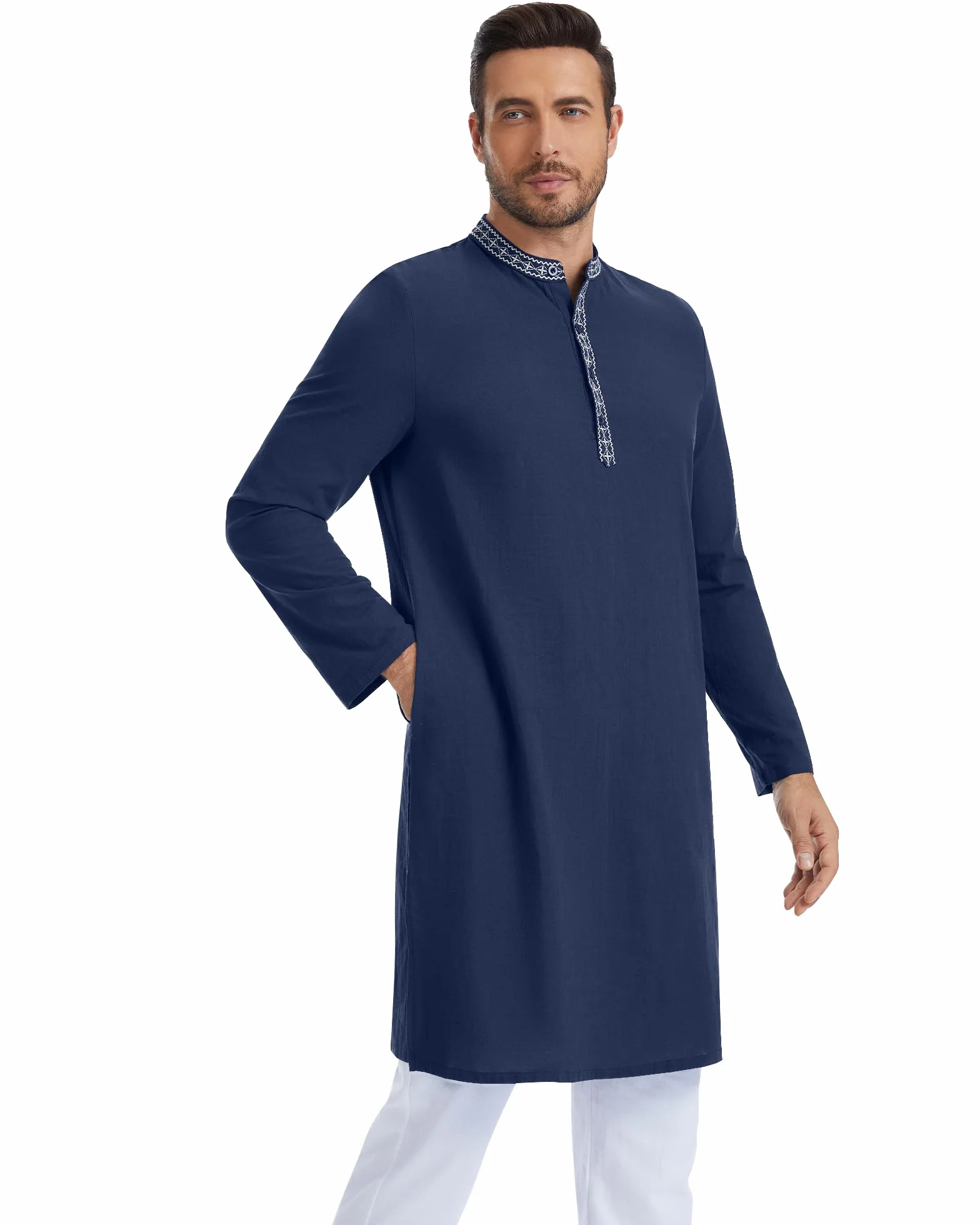 LVCBL Kaftan lniane Thobe męskie luźne islamskie ubrania męskie retro Abaya Lounge Robes M-3XL