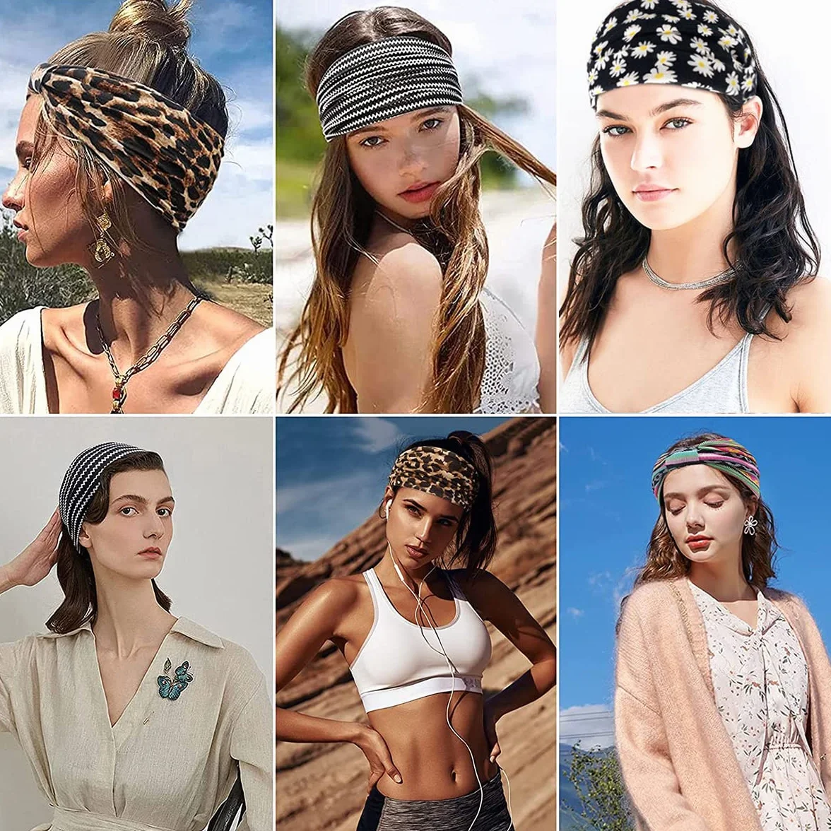 Scicent Opaska na włosy dla kobiet, 3 sztuki, opaski na czoło, opaski na włosy, szerokie, w stylu boho, z kwiatowym nadrukiem, węzeł, yoga, sport, opaski na włosy, elastyczne, ozdoba na włosy