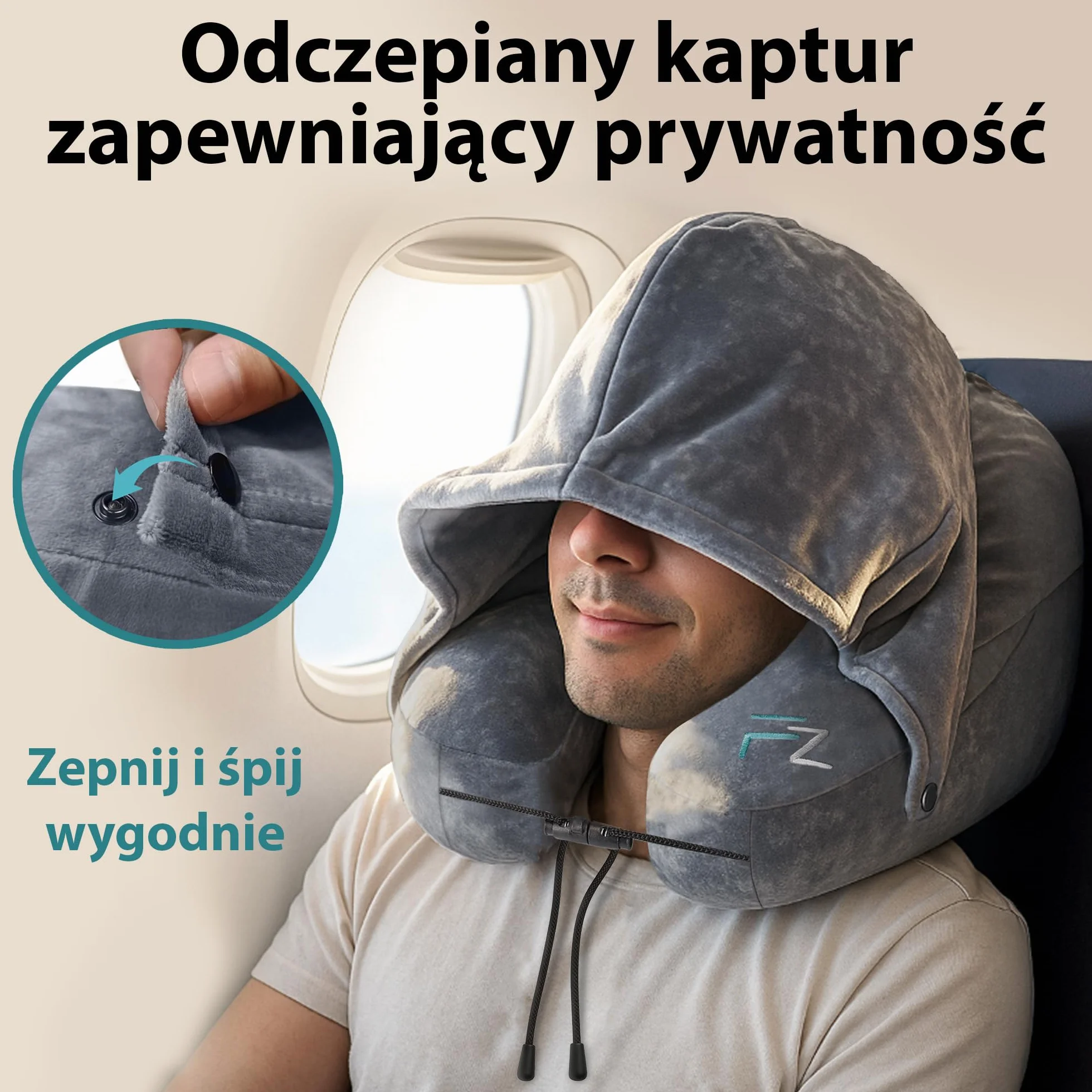 FLOWZOOM Air Dmuchana Poduszka Podróżna z Kapturem dla Kobiet - Do Samolotów, Pociągów i Samochodów - Poduszka Zapewnia Wsparcie Szyi 360 ° - Szybkie Pompowanie - Szary Rozmiar L