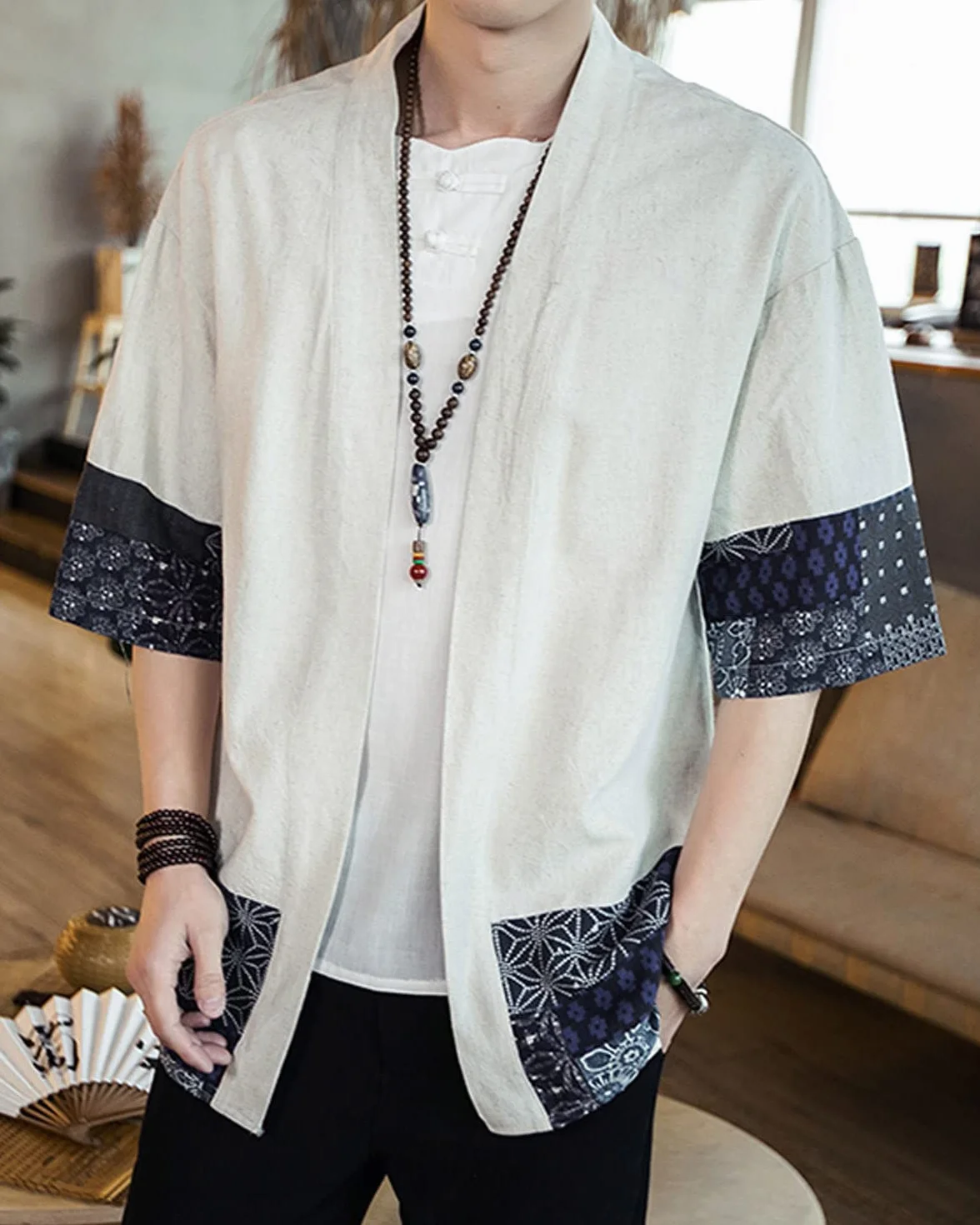 Męskie japońskie kimono kardigan luźny bawełniany len rękaw 3/4 otwarty przód na co dzień letnia koszula kurtki