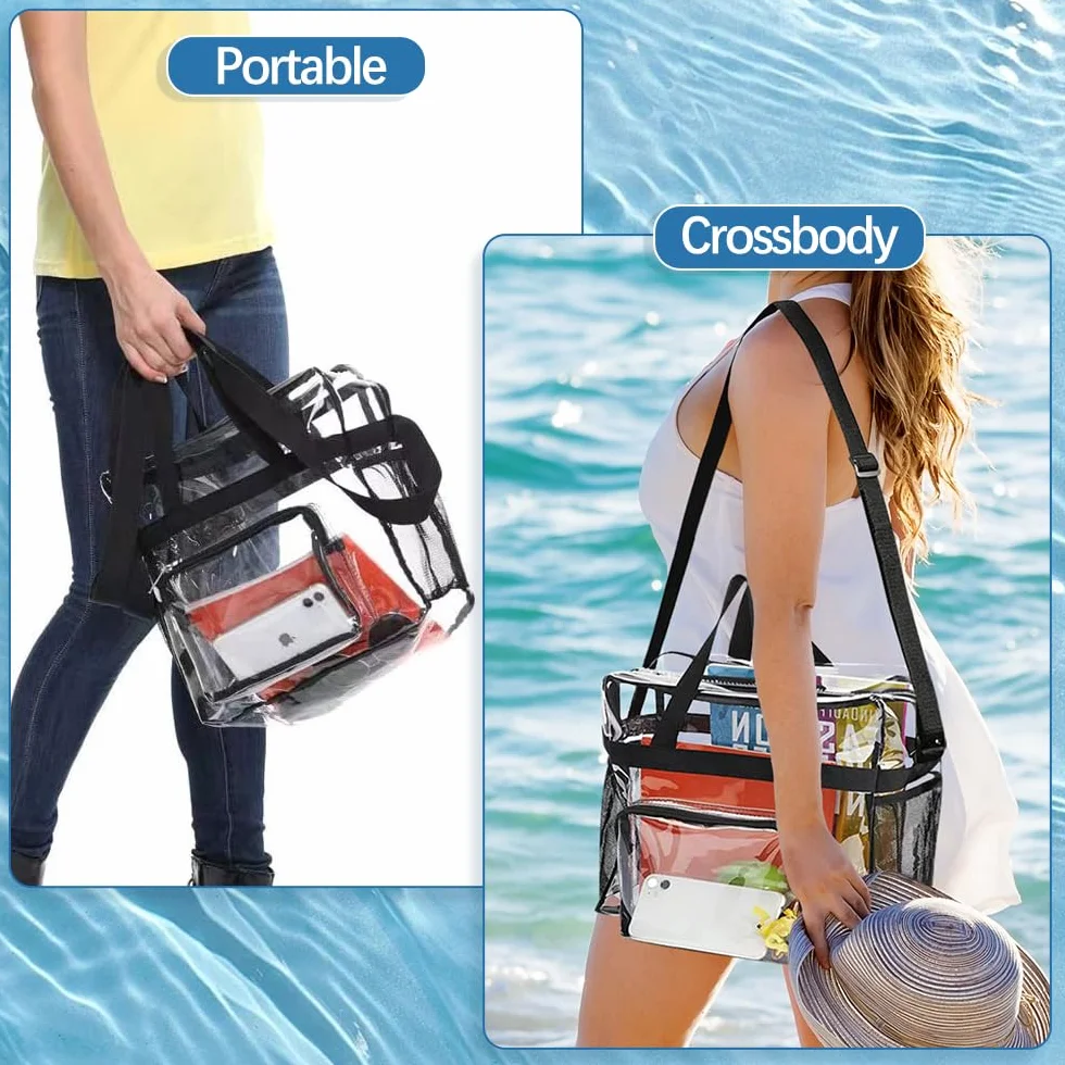 Przezroczysta torba tote bag, 2 szt., duża torba toaletowa, z regulowanym paskiem na ramię i zamkiem błyskawicznym, wodoszczelna przezroczysta torba na przybory toaletowe, na stadion, do pracy, sportu
