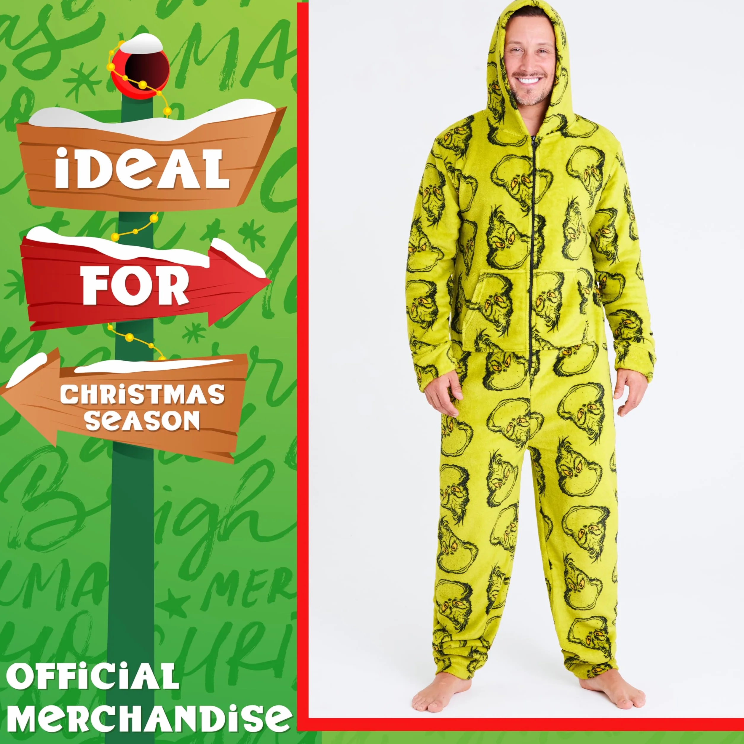The Grinch Onesie męski kombinezon polarowy z kapturem, przytulny kombinezon polarowy dla mężczyzn i nastolatków