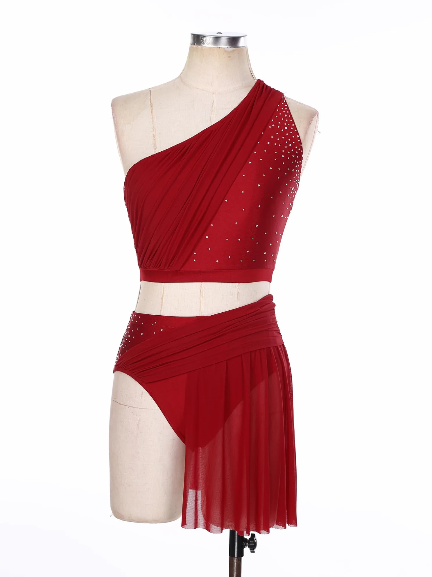 JEATHA Damski 2-częściowy kostium Lyrical Dance ze strasu Crop Top Mesh Tiul Trykot Spódnica dla dorosłych, nowoczesny strój do tańca