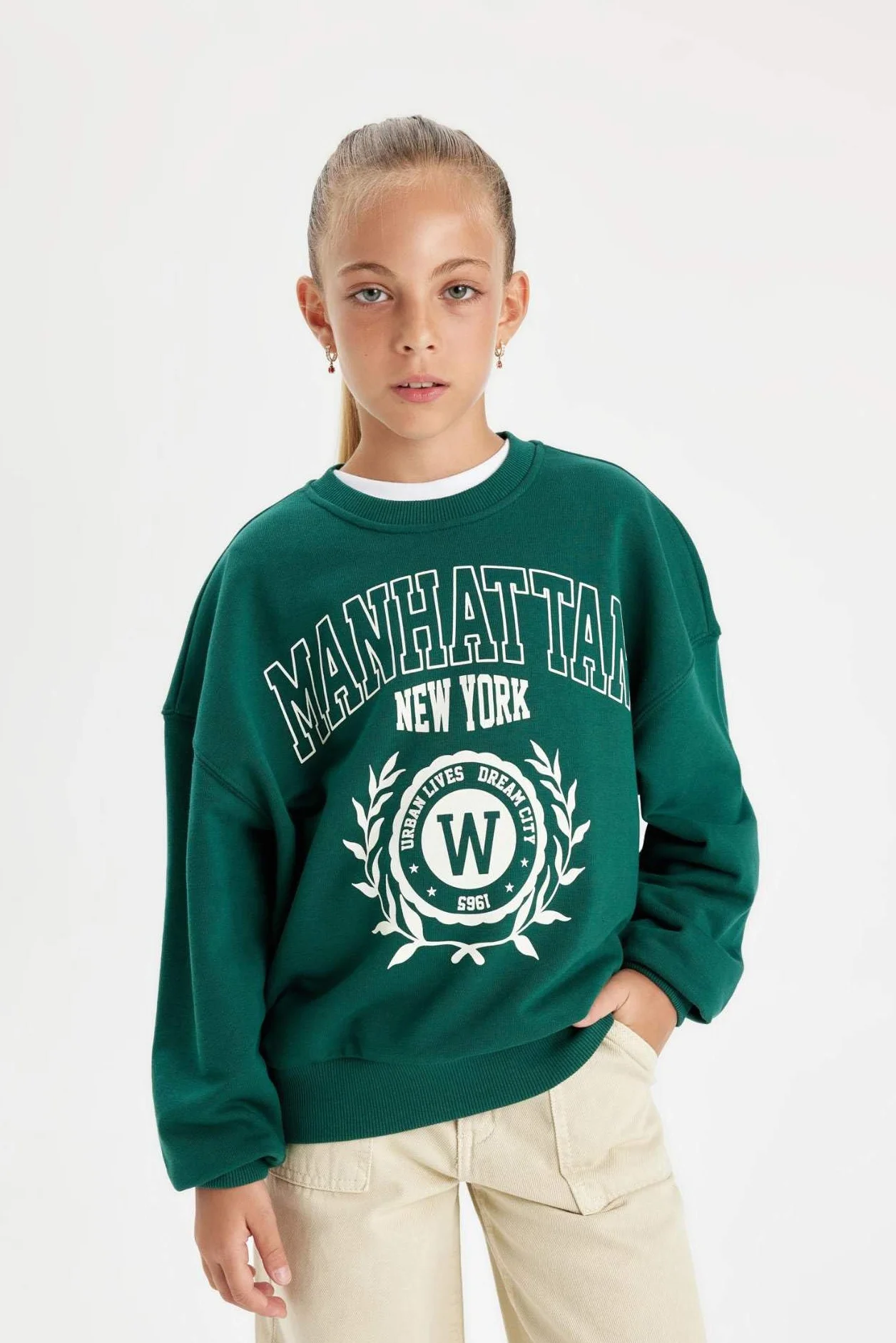 DeFacto Girl Regular Fit bluza z długim rękawem, dziergana bluza z kapturem dla dziewczynek (D.Green, 5/6 Y), zielony, 5-6 lat