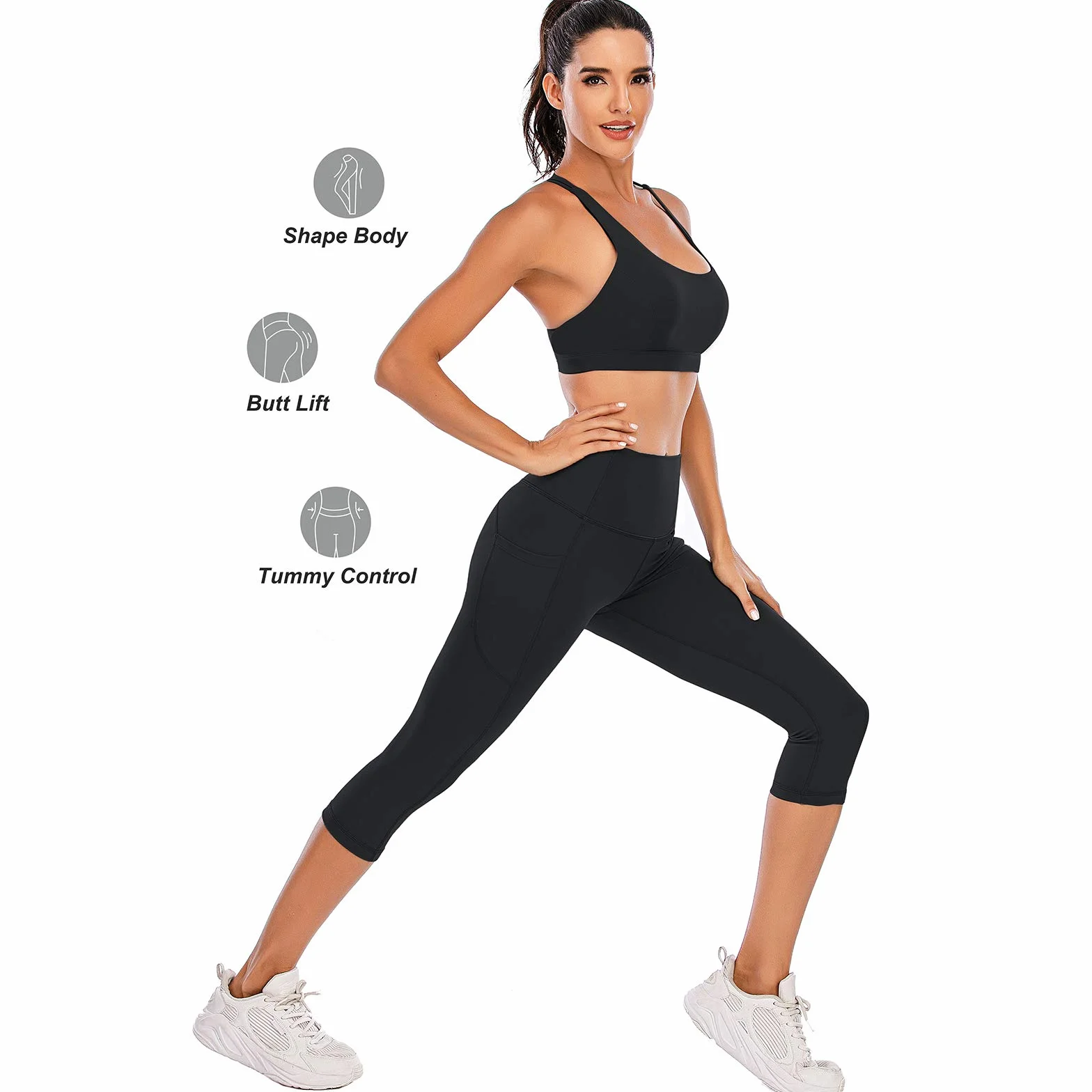 Steppe Naked Feeling spodnie do jogi z wysokim stanem damskie legginsy treningowe capri z kieszeniami, Kieszeń Capris-czarna, XL