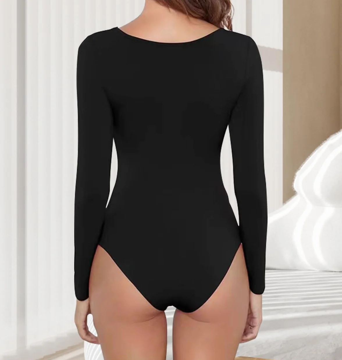 SHEKINI Body damskie z długim rękawem, okrągły dekolt, eleganckie, żeberkowe, wyszczuplające brzuch, modelujące sylwetkę
