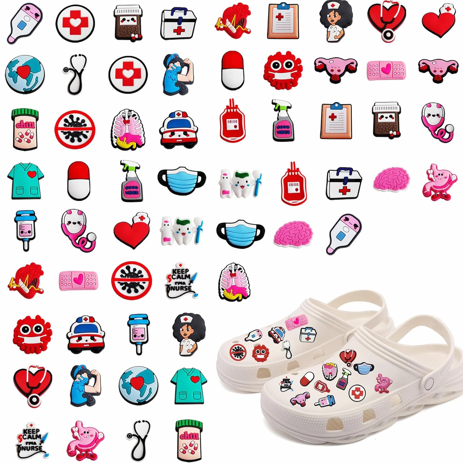 60 Sztuk Przypinek Crocs - Zestaw Kolczyków Jibbitz dla Medycyny i Pielęgniarki - Akcesoria do Dekoracji