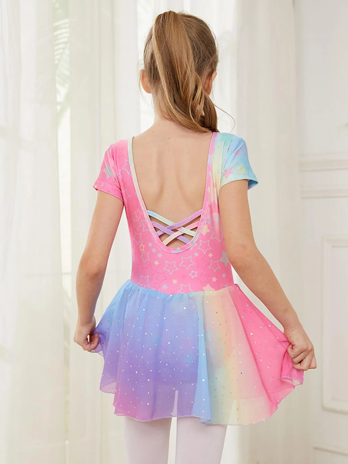 Dziewczęca sukienka baletowa z krótkim rękawem baletowa Leotard sukienka do tańca Tutu Body Gimnastyka ze spódnicą Shinny Szyfonowa