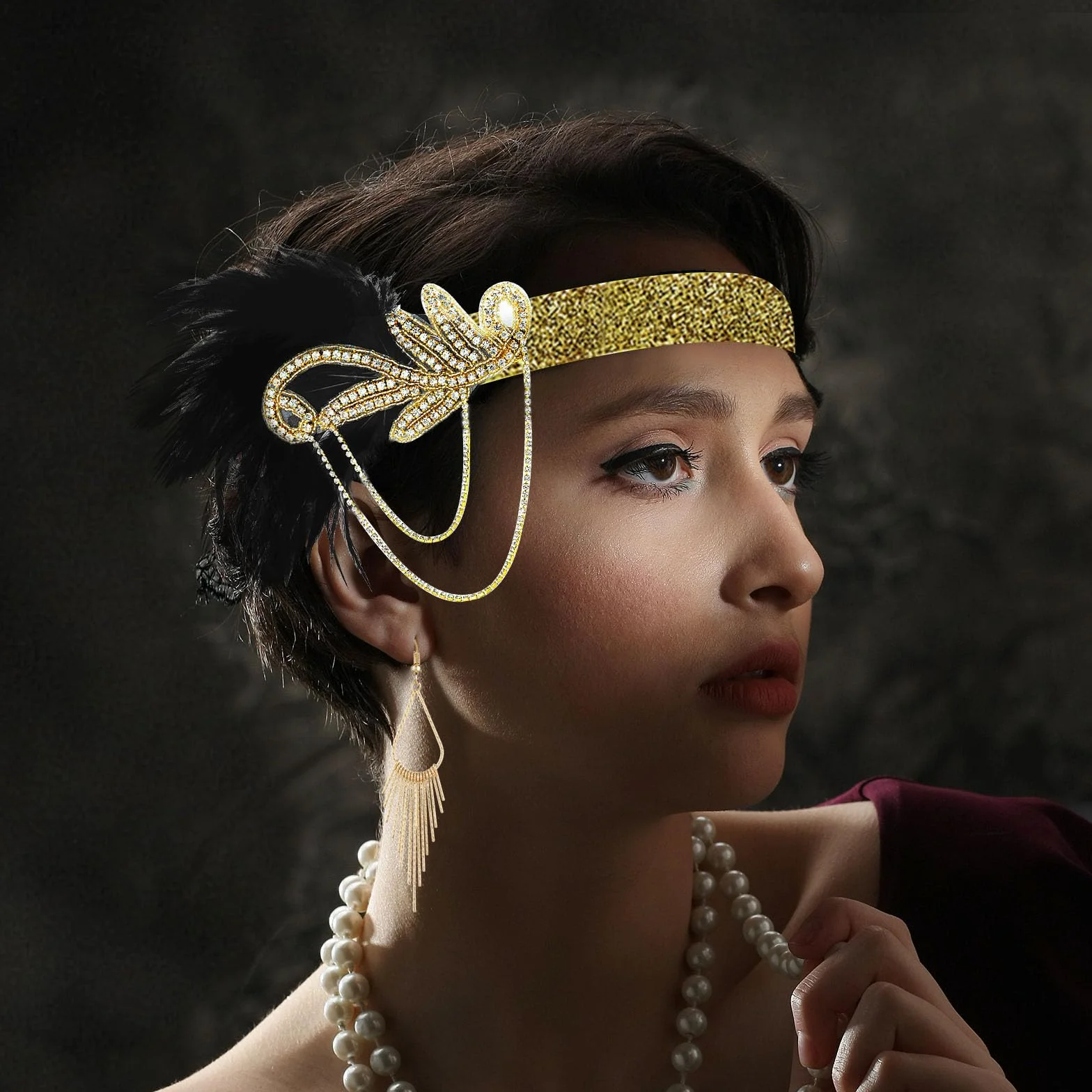 PLULON Zestaw akcesoriów Flapper Great Gatsby z lat 20. XX wieku, modny zestaw tematyczny z opaską na głowę, długie czarne rękawiczki, naszyjnik, kolczyki dla kobiet