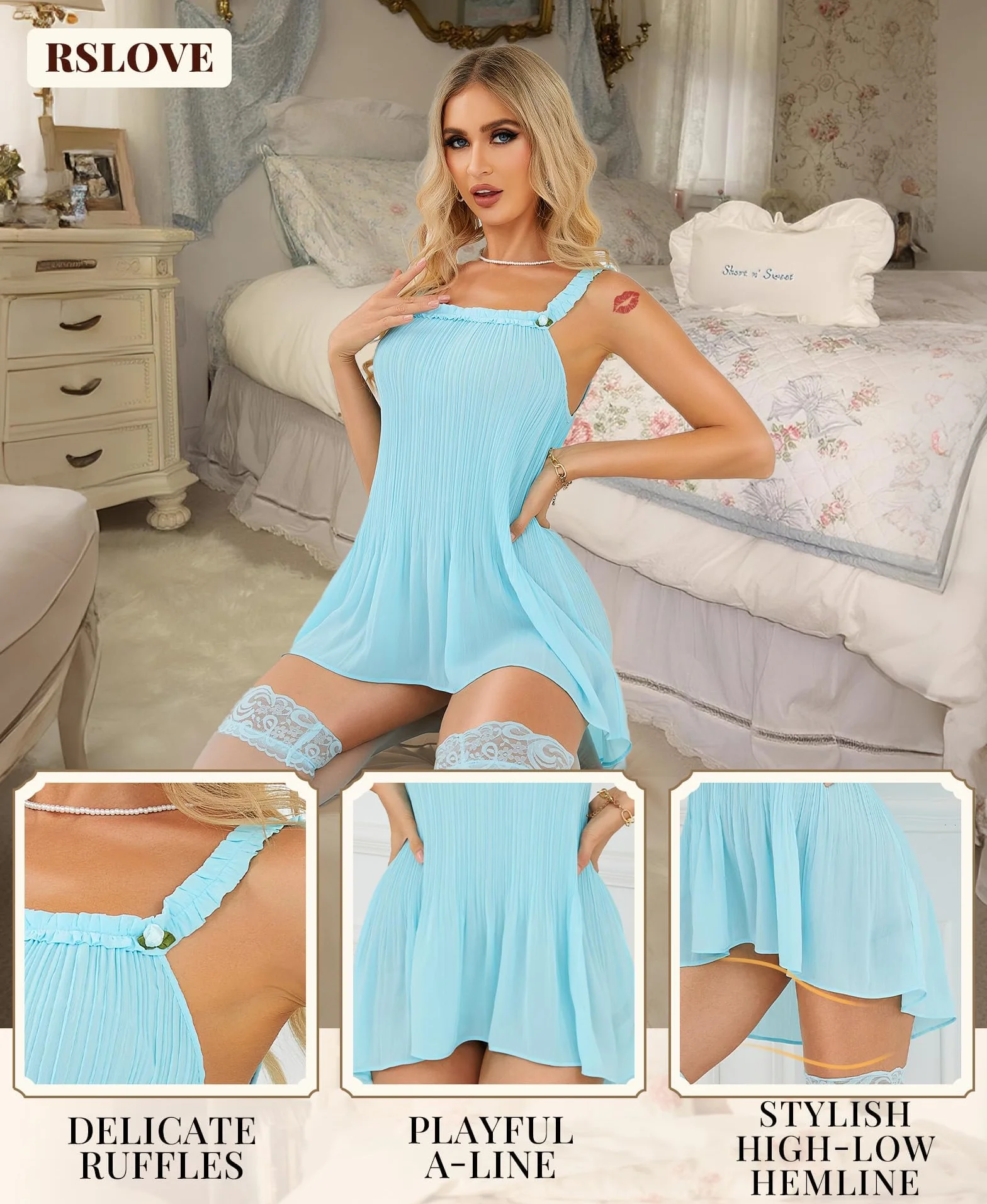 RSLOVE Seksowna bielizna nocna damska - plisowane koszule nocne w stylu vintage, elegancka babydoll na romantyczne wieczory i sesje zdjęciowe w buduarze