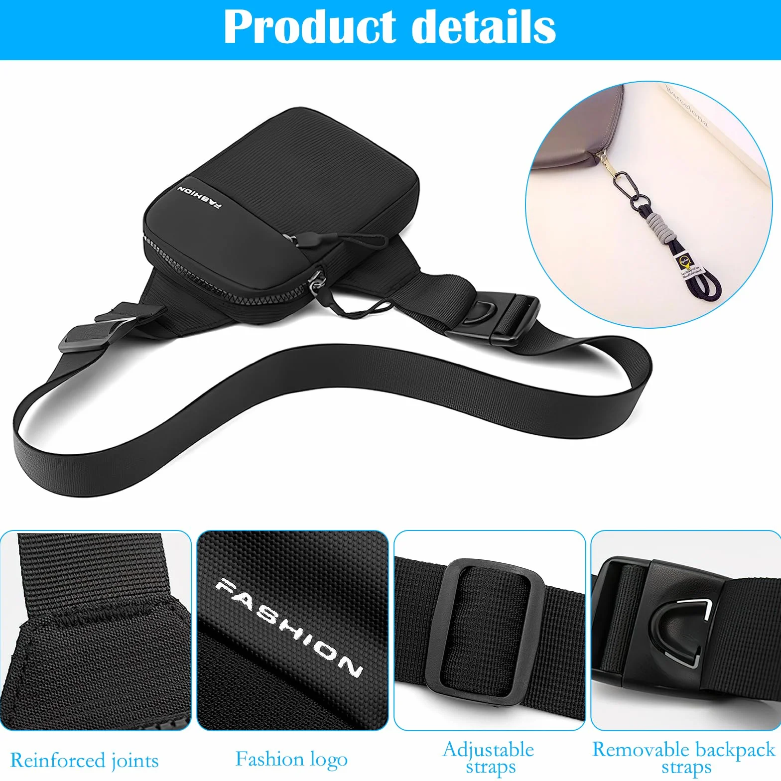 Sling Crossbody Bag, męska torba na ramię, wodoszczelna torba na klatkę piersiową, torba na ramię dla mężczyzn, chłopców i kobiet, czarny