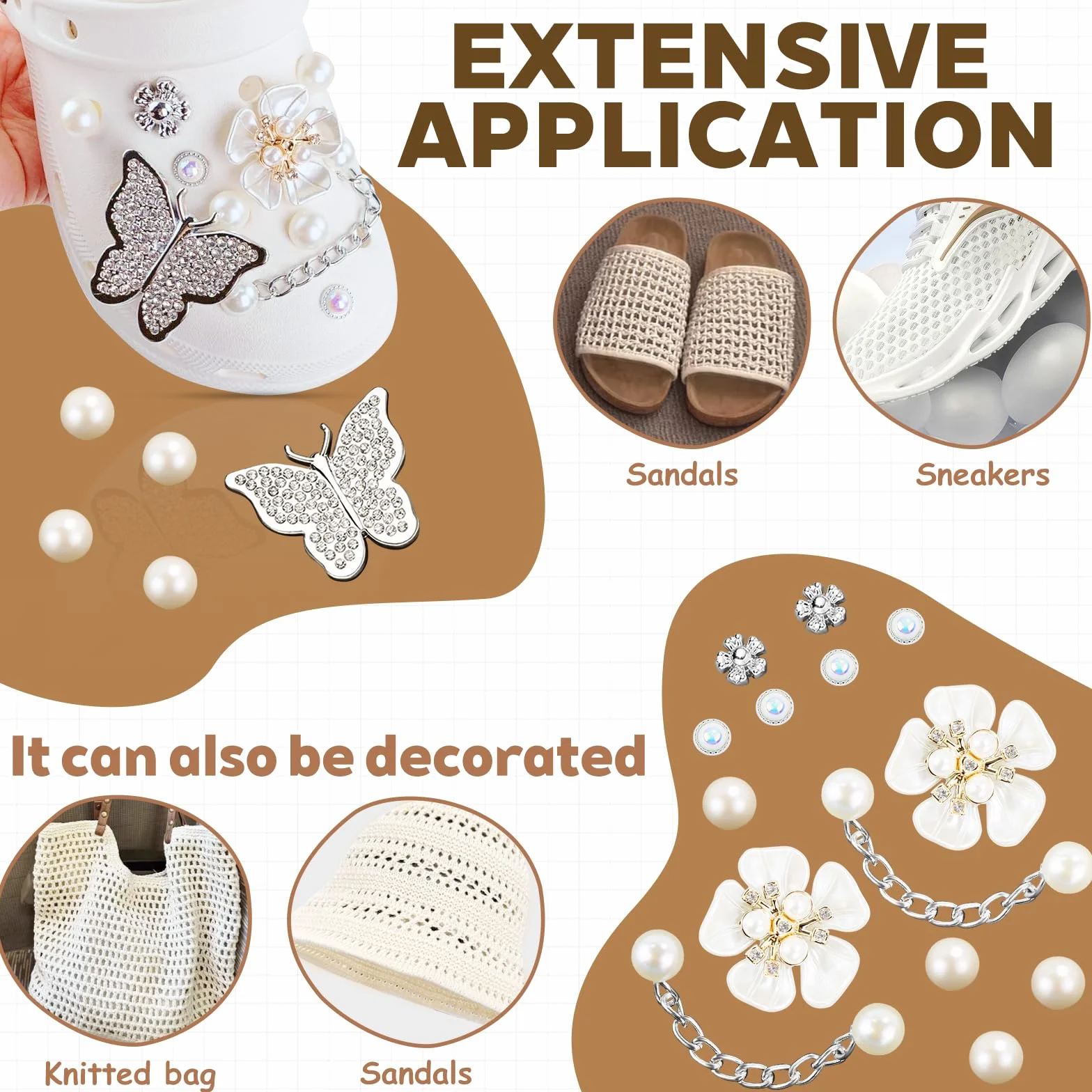 20 sztuk Crocs Ornamenty, Charms Crocs z perłowymi łańcuchami, Pin Crocs Motyle Deco, Kwiaty Croc Pin, Zdejmowane DIY Akcesoria Croc dla kobiet Dorosłych