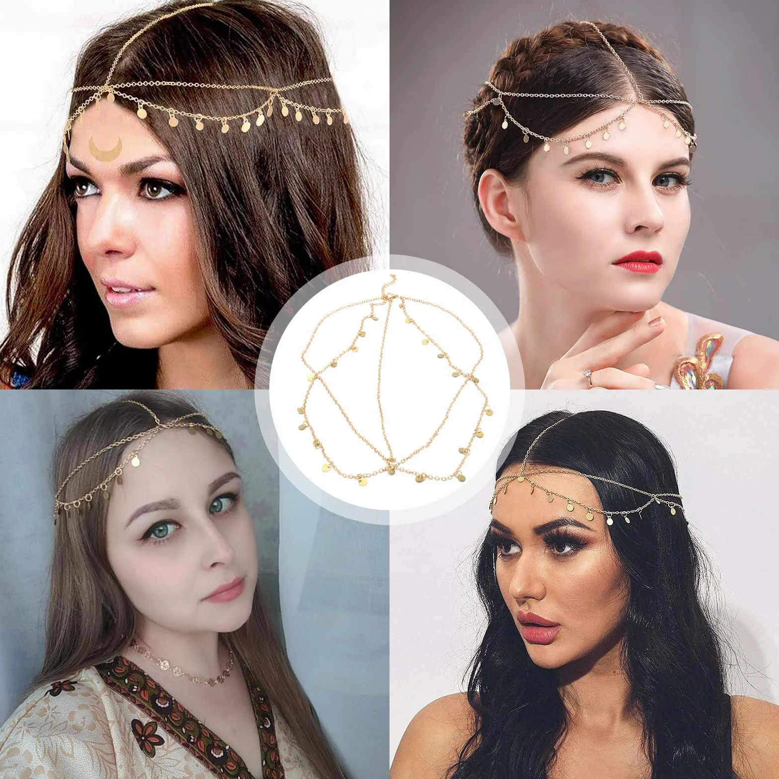 Eymobad Złoty łańcuszek na głowę , cekiny w stylu boho, warstwowy łańcuszek na głowę, ozdoba na głowę, dla panny młodej, na festiwal, ozdoba do włosów dla kobiet i dziewcząt (złoty)